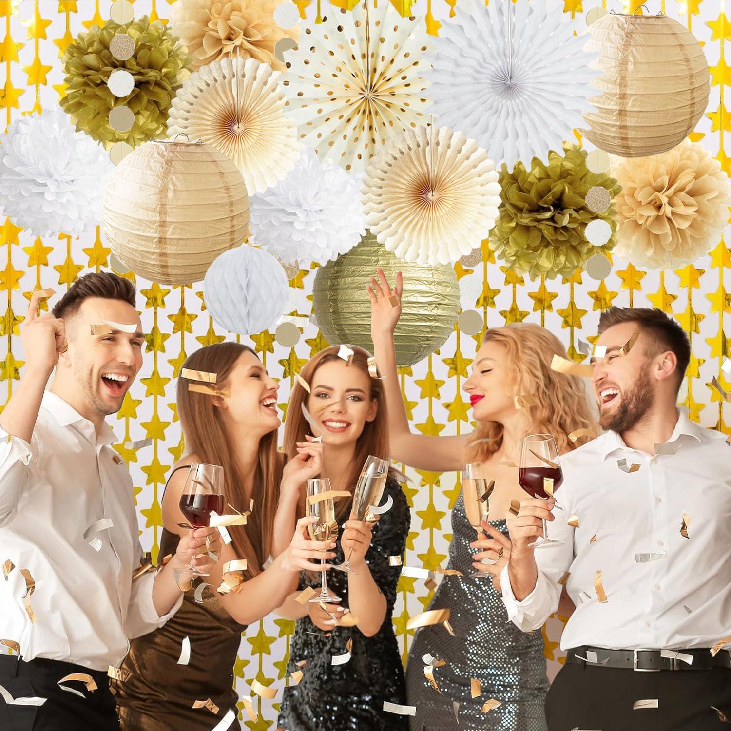 White Gold Party Decorations Tissue Pom Poms Paper Lanterns Hanging Paper Fan Honeycomb Christmas Wedding Engagement Bachelorette Neutral Birthday Baby Bridal Shower Decoration