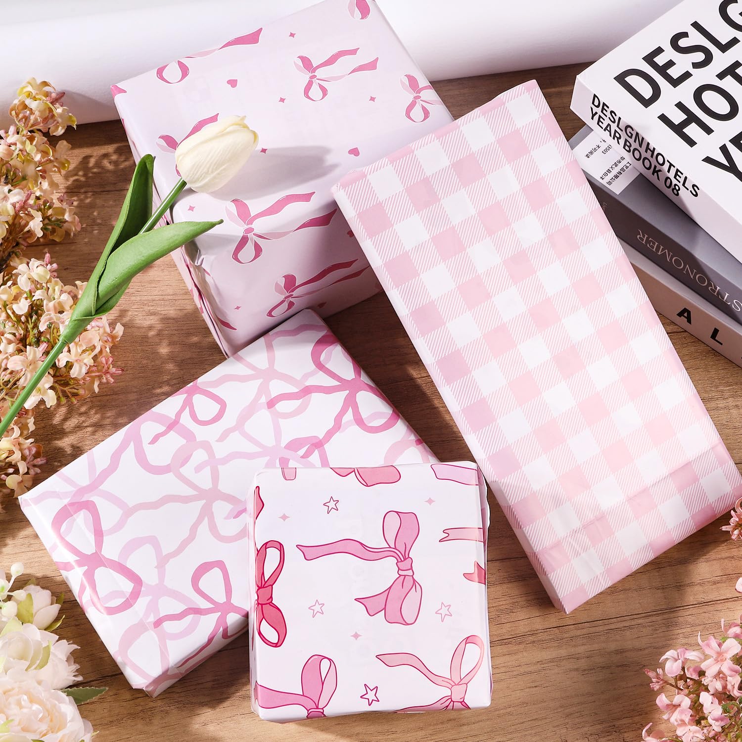 Pink Bow Wrapping Paper - Cute Baby Shower & Wrap Paper For Xmas, Birthday, Bridal & Bachelorette Parties