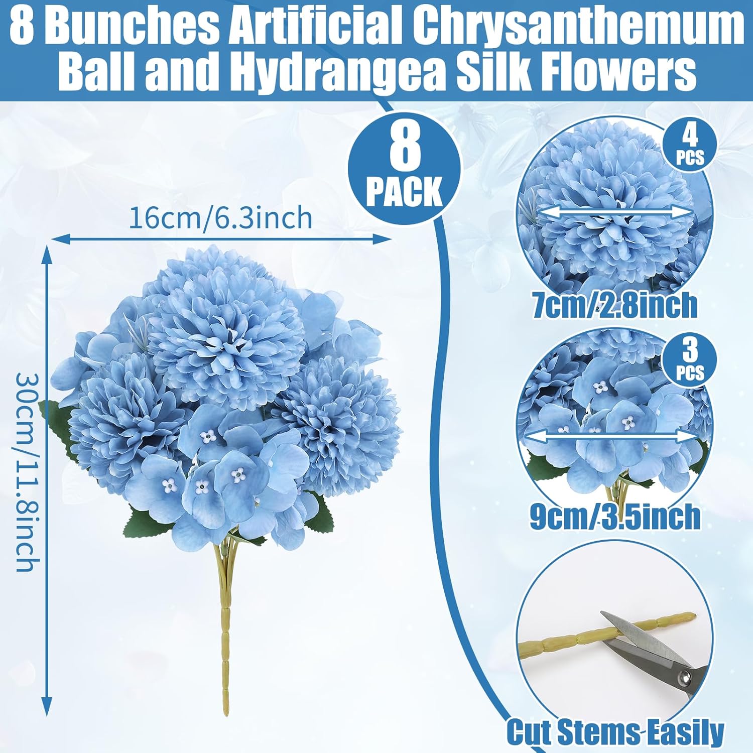8 Pack Blue Artificial Hydrangea Chrysanthemum Ball Fake Silk Bouquet Outdoor Bridal Wedding Photo Props Home Decoration