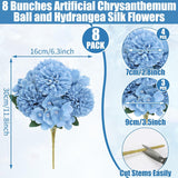 8 Pack Blue Artificial Hydrangea Chrysanthemum Ball Fake Silk Bouquet Outdoor Bridal Wedding Photo Props Home Decoration