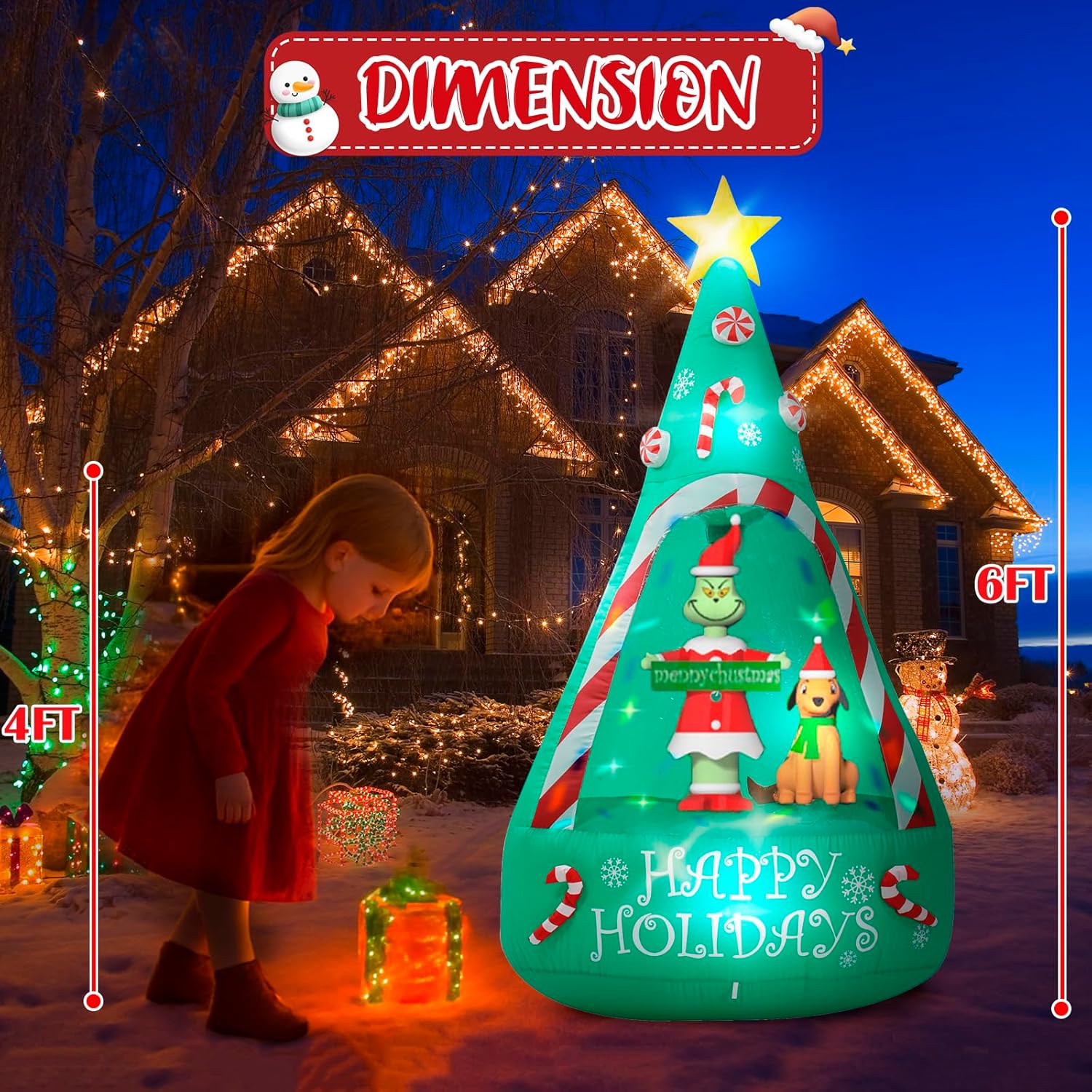 Christmas Green Big Monster Inflatable Decorations, 6Ft Light Up Christmas Inflatable Tree Outdoor Decorate Build-In 5 L