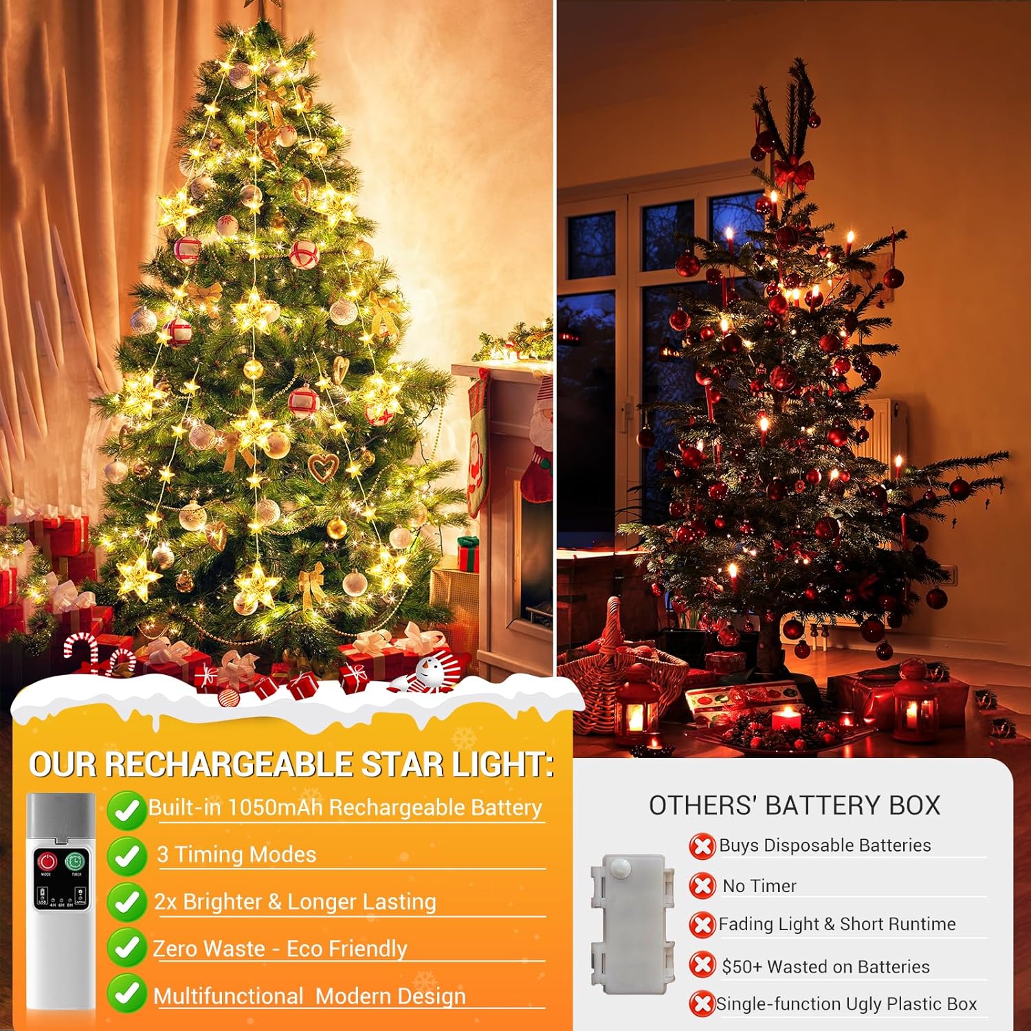 Rechargeable Christmas Star Window Lights, Ip65 Waterproof 76 Leds Star Curtain Lights With 12 Modes 3 Timer Modes, Warm