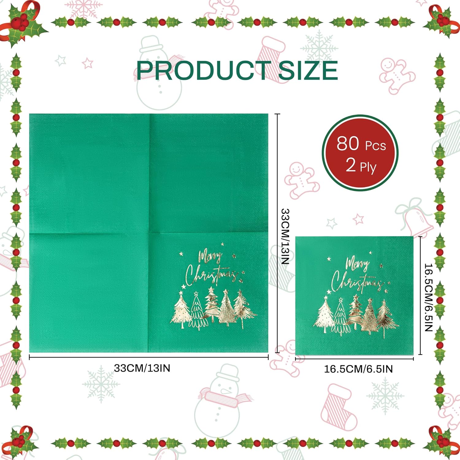 80 Pack Merry Christmas Paper Napkins Red Green White Gold Five Xmas Trees Disposable Party Luncheon Napkins For Christmas New Year Holiday Dinner Party Supplies, 6.5 X 6.5 Inch-5 (Green)
