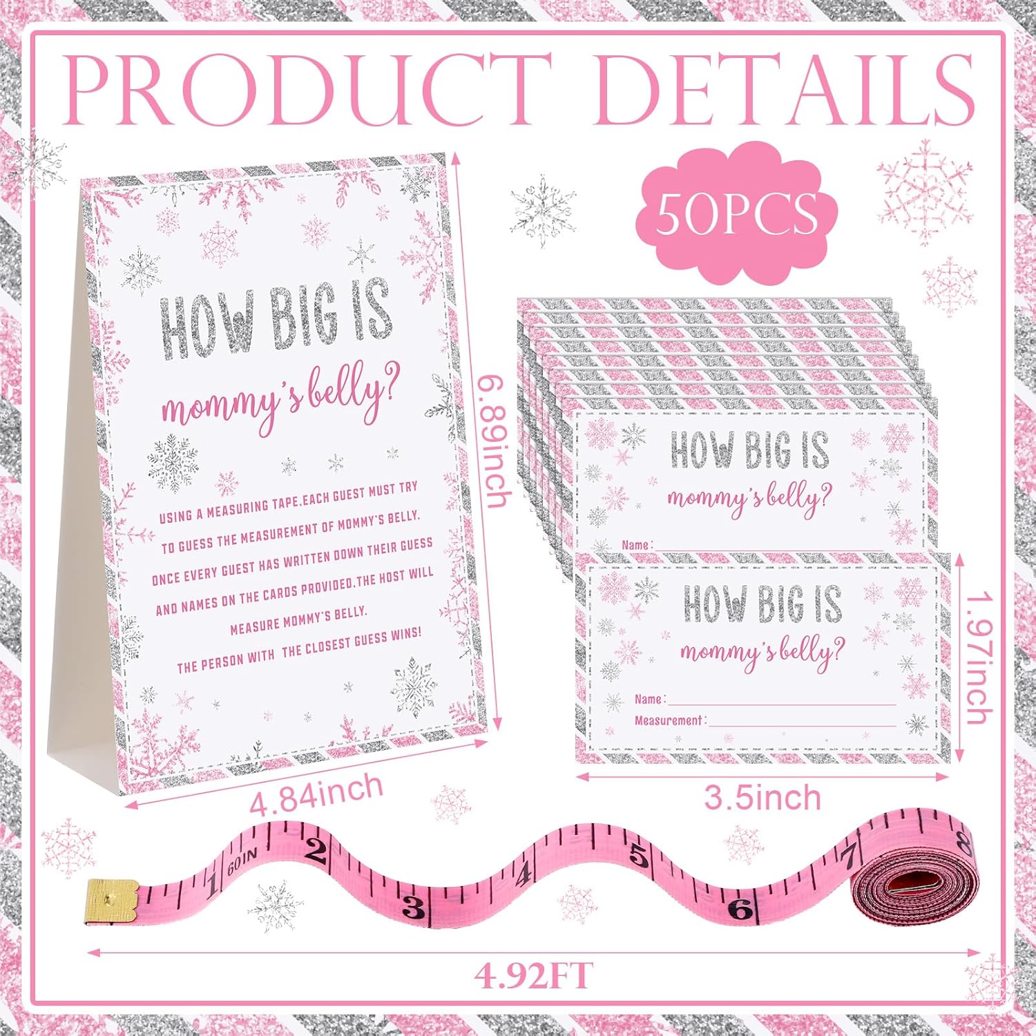 54 Pcs Winter Snowflake Baby Shower Games Pink Snowflake Measure Belly Bump Party Game Include How Big Is Mommy'S Belly Sign 50 Guessing Cards 3 Measuring Tapes For Winter Baby Shower Party