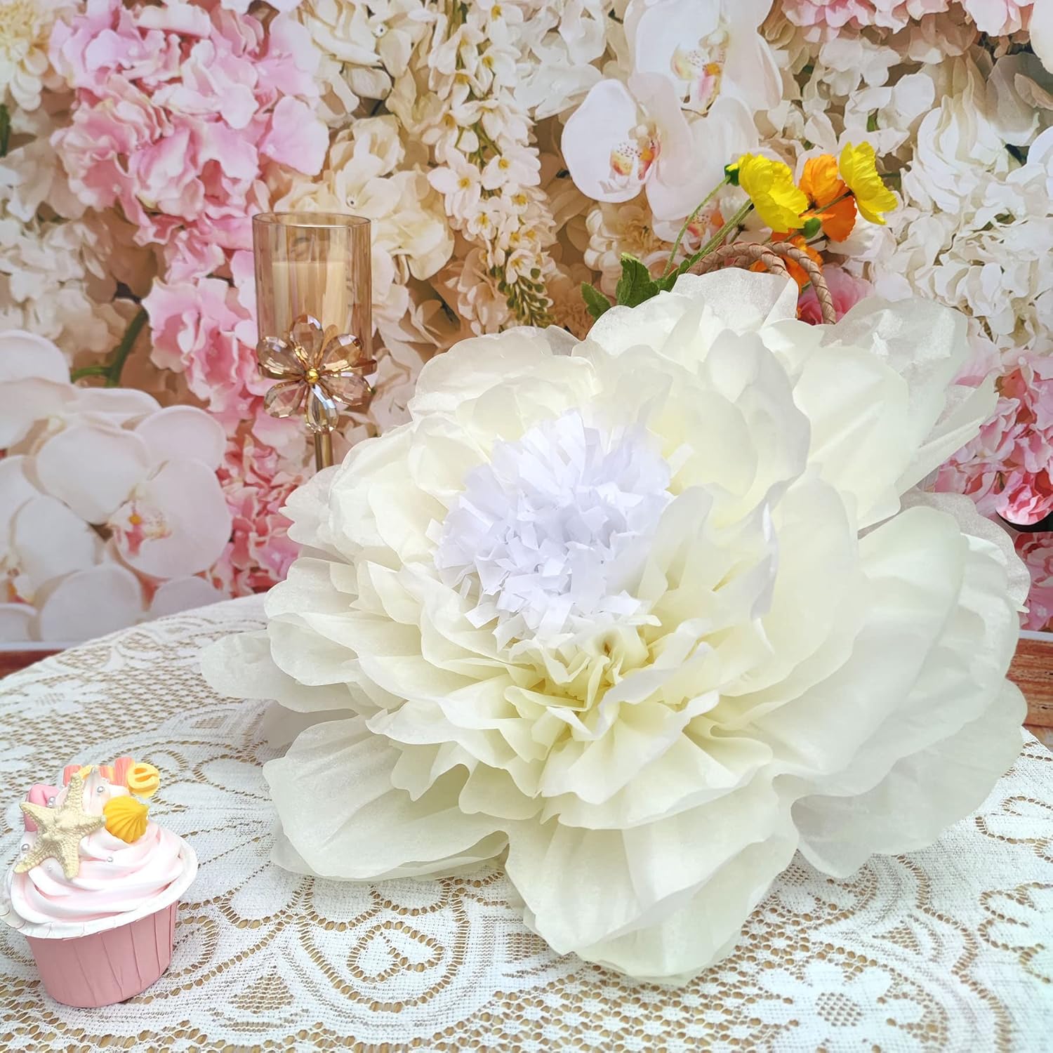 White Gold Large Paper Flower Decorations For Wedding Party Backdrop Diy Home Flower Wall Arrangement Decorations (20''-10'' Assorted) Pack Of 6