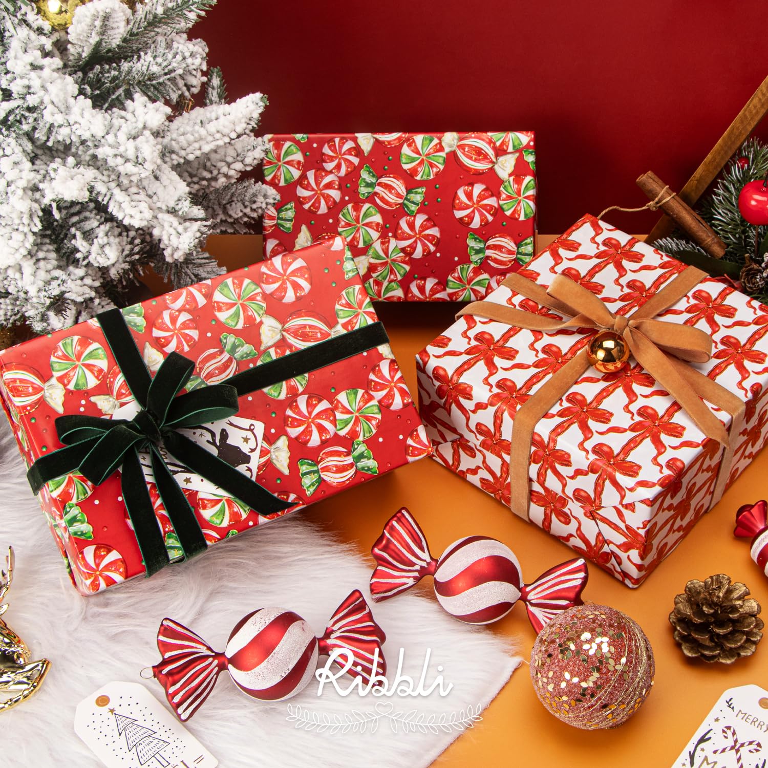 Christmas Wrapping Paper Mini Roll Reversible Red Christmas Candy And Bow Gift Wrapping Paper Rolls Holiday Presents Decoration-17 Inch X 33 Feet