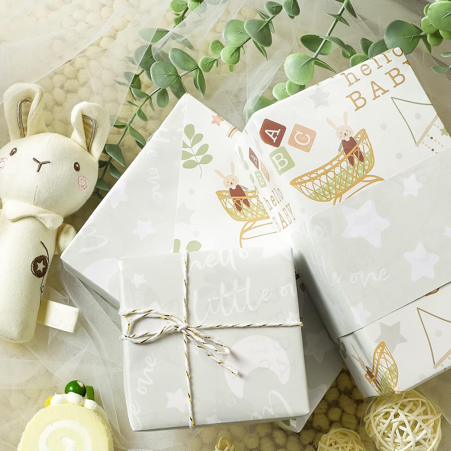 Reversible Baby Shower Wrapping Paper Roll, Baby Rabbit In Bassinet, Moon & Star, Hello Little One For Baby Boy, Baby Girl, 1St Birthday, Newborn Party, Mini Roll, 17 Inches X 32.8 Feet