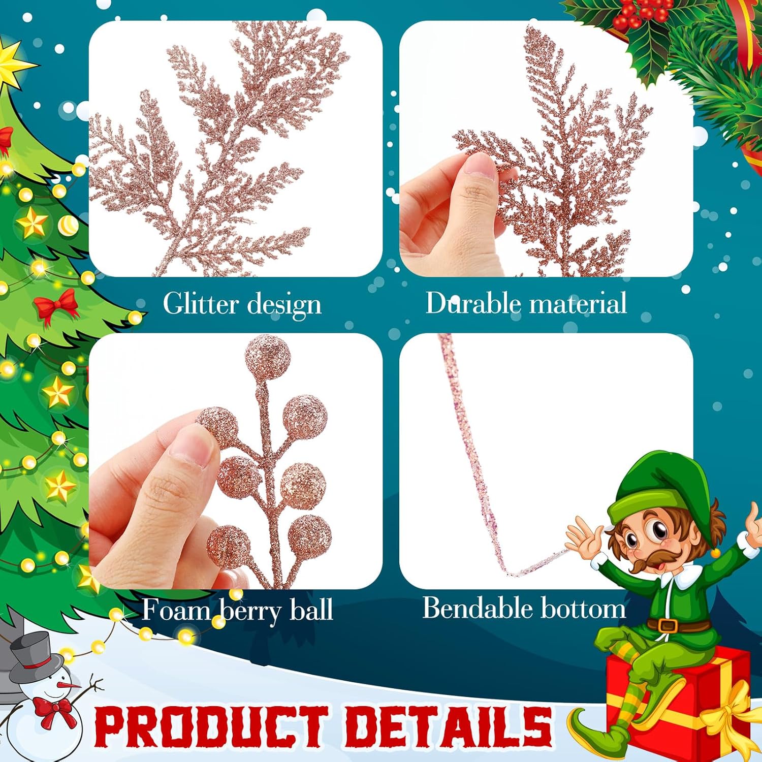 40 Pcs Christmas Glitter Artificial Picks Set Christmas Leaf Sprays Cedar Picks Glitter Berries Stems Tropical Leaf Pine Needles Christmas Stems Branches For Christmas Tree Vase Home(Rose)