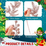 40 Pcs Christmas Glitter Artificial Picks Set Christmas Leaf Sprays Cedar Picks Glitter Berries Stems Tropical Leaf Pine Needles Christmas Stems Branches For Christmas Tree Vase Home(Rose)