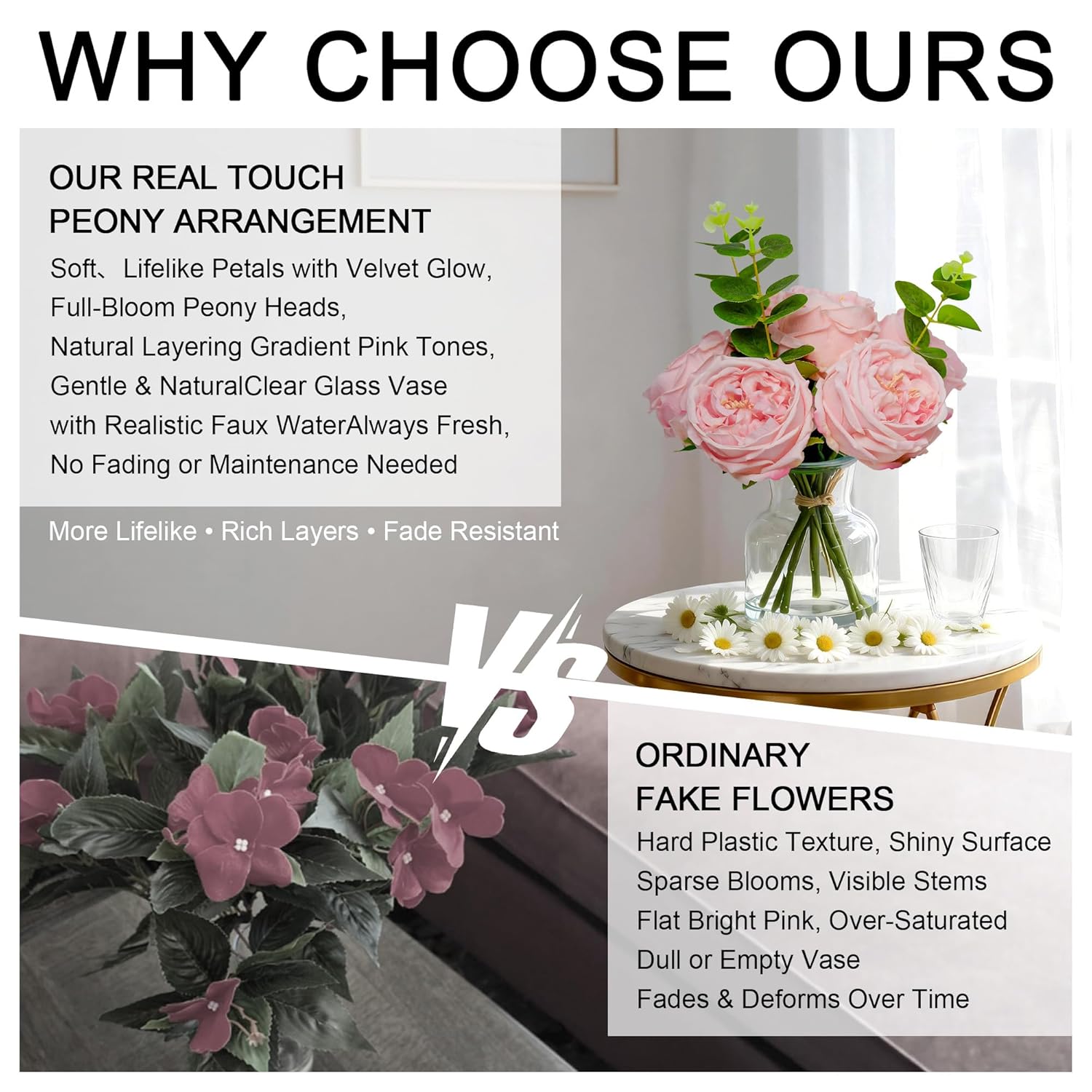 Peonies Artificial Flowers Indoor Faux Roses In Vase Real Touch Silk Flowers With Faux Water In Glass Vase Arrangement For Home Decor Office Bathroom Dining Table&Coffeetable Centerpiece