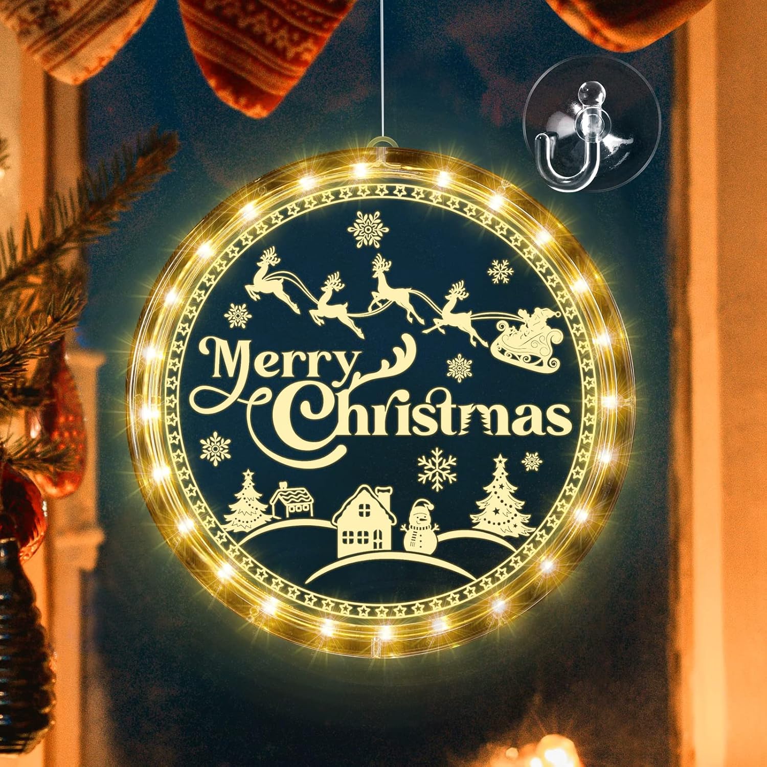 Merry Christmas Window Light Decorations Xmas Led Decorative Window Battery Operated 3D Acrylic Hanging Light With Sucti