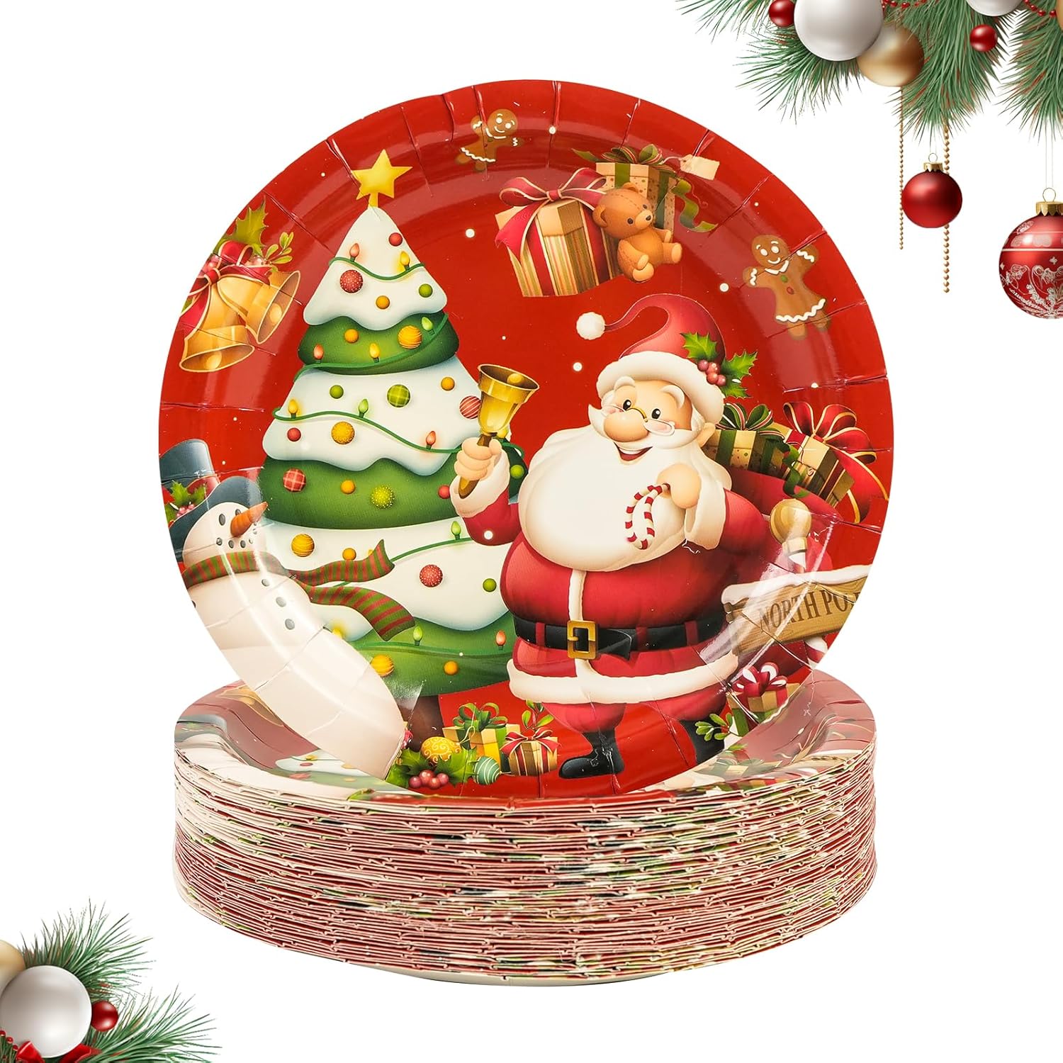 50Pcs Merry Christmas Paper Plates - 7Inch Winter Theme Dessert Plate For Cake Salad Fruit Cartoon Tableware Set Disposable Decoration Supplies For Winter, Christmas Party