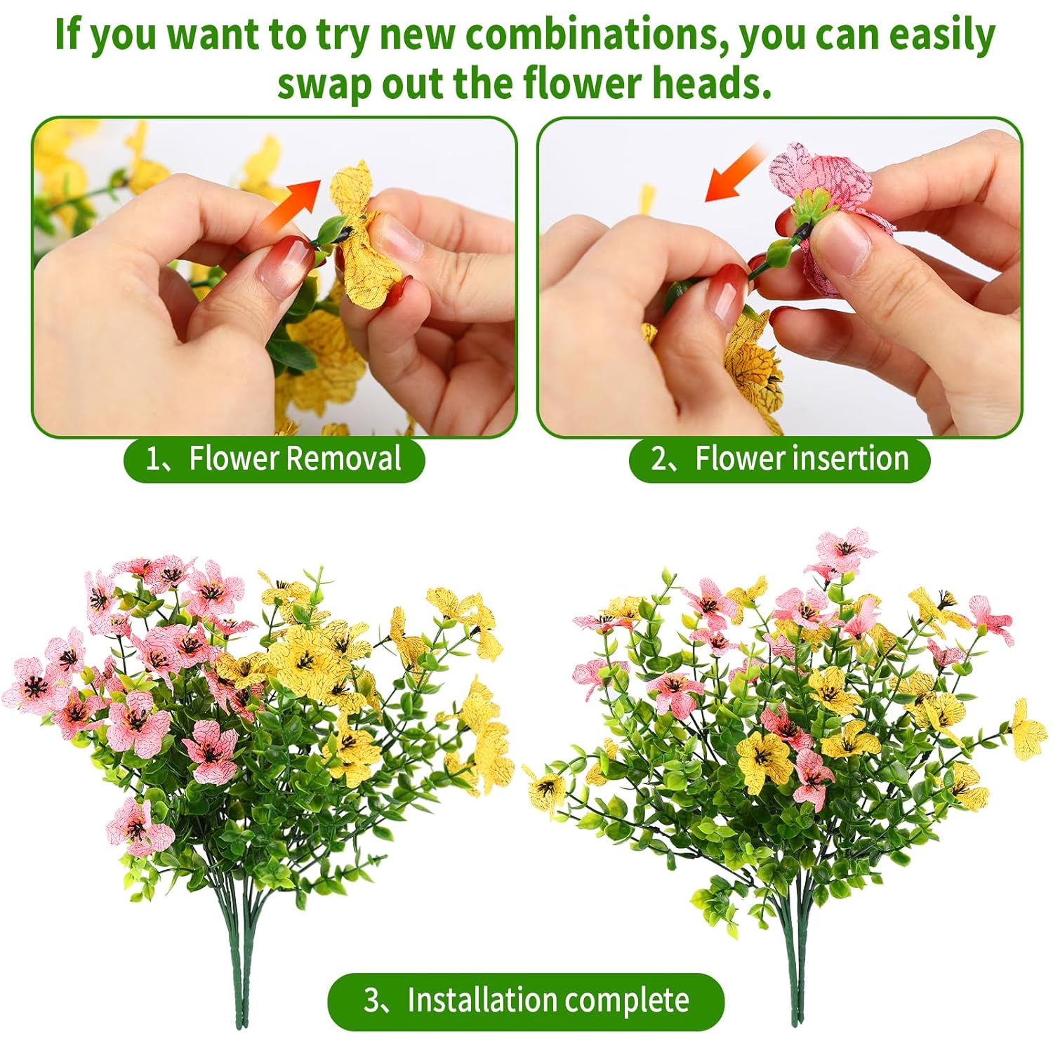 12Pcs Violet Artificial Flowers With 21 Replaceable Flower Heads - No Fade Fake Flowers, Realistic Uv Resistant Faux Flowers For Home Decor, Wedding, Outdoor Patio & Diy Arrangements (Yellow/Pink)