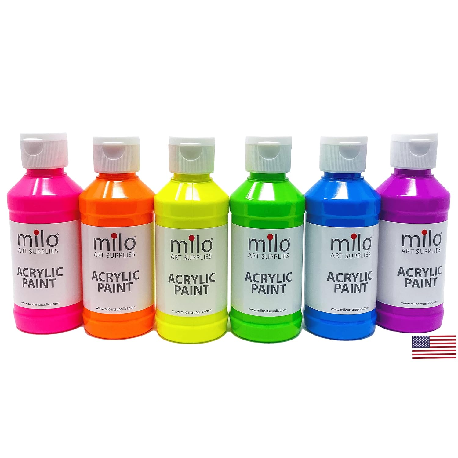 milo Fluorescent Acrylic Paint Set of 6 Colors | 4 oz Bottles | Student Neon Colors Acrylics Painting Pack | Made in the USA | Non-Toxic Art & Craft Paints for Artists, Kids, & Hobby Painters