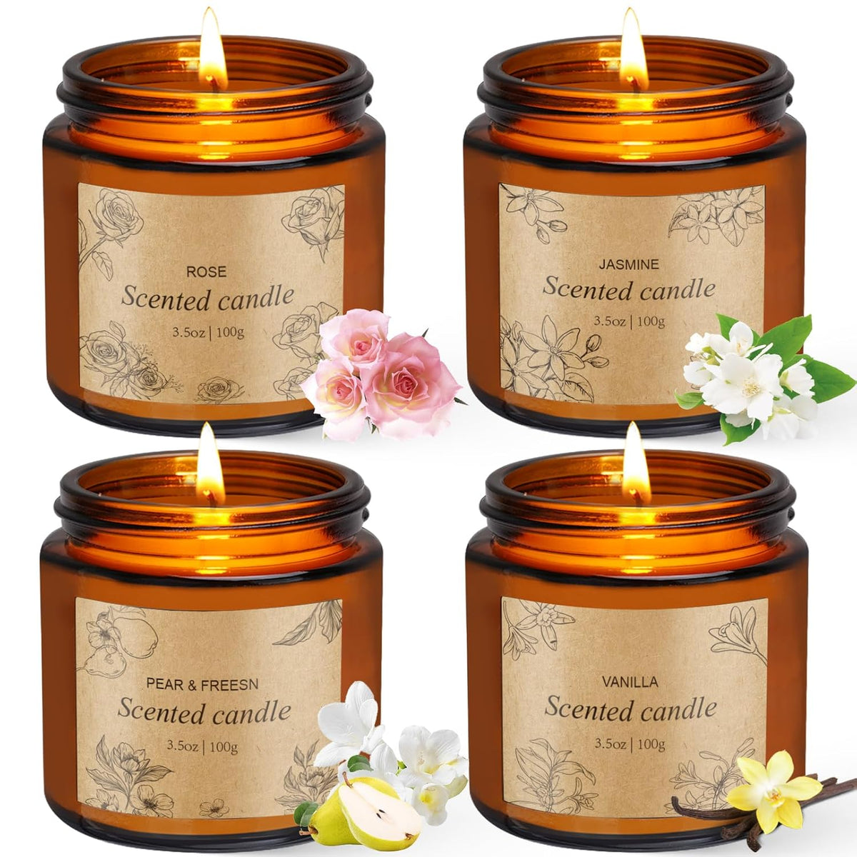 4 Packs Candles For Home Scented, Scented Candles Gifts For Women, Natural Soy Wax Amber Jar Candle, Long Lasting Aromatherapy Candle Gift Set For Birthday Valentine'S Day Mother'S Day