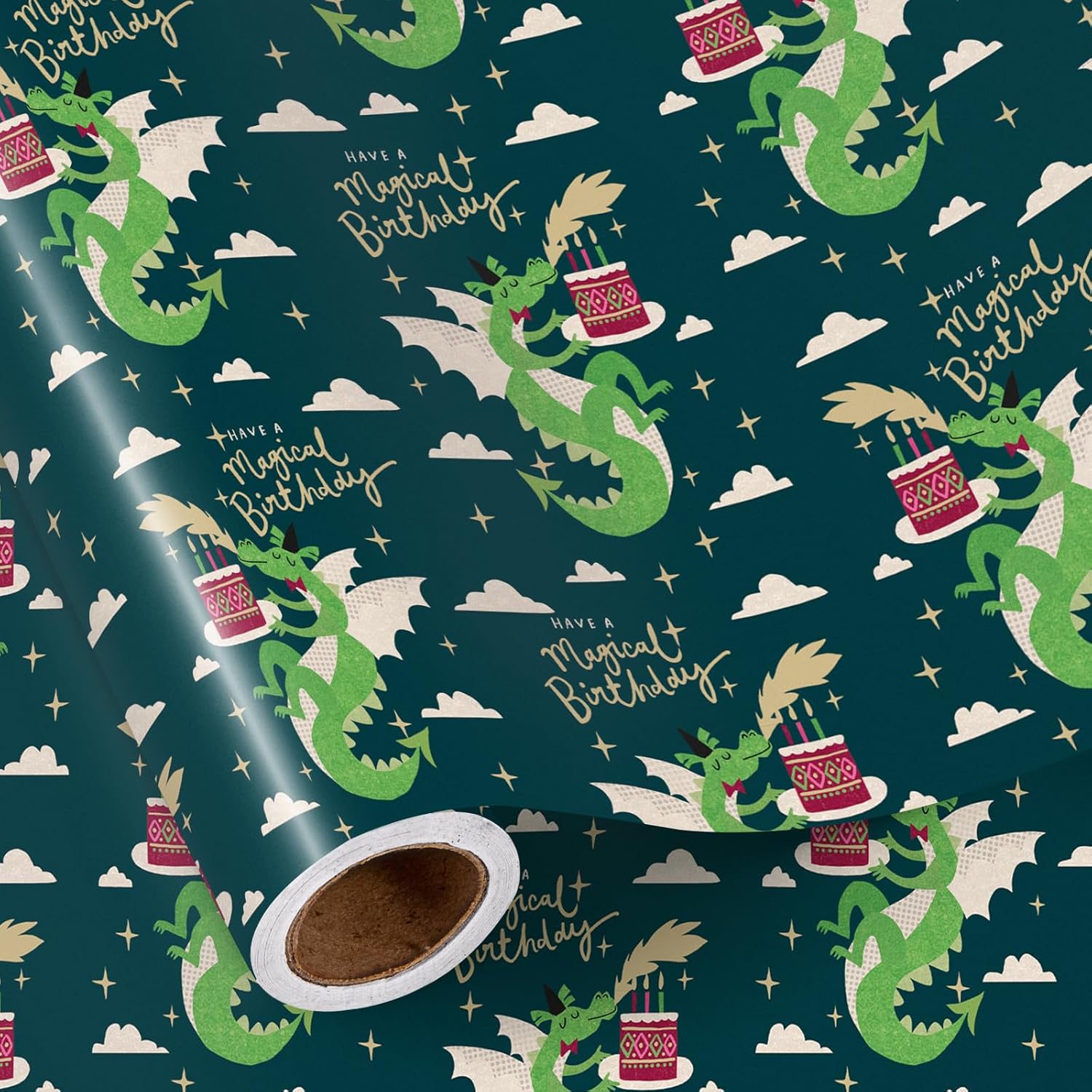 Birthday Wrapping Paper Roll For Boys Girls, Mini Roll, Magical Dragon And Cake Design With Have A Magical Birthday Text Design, Fantasy Gift Wrap For Kids Party, 17 Inches X 16.4 Feet