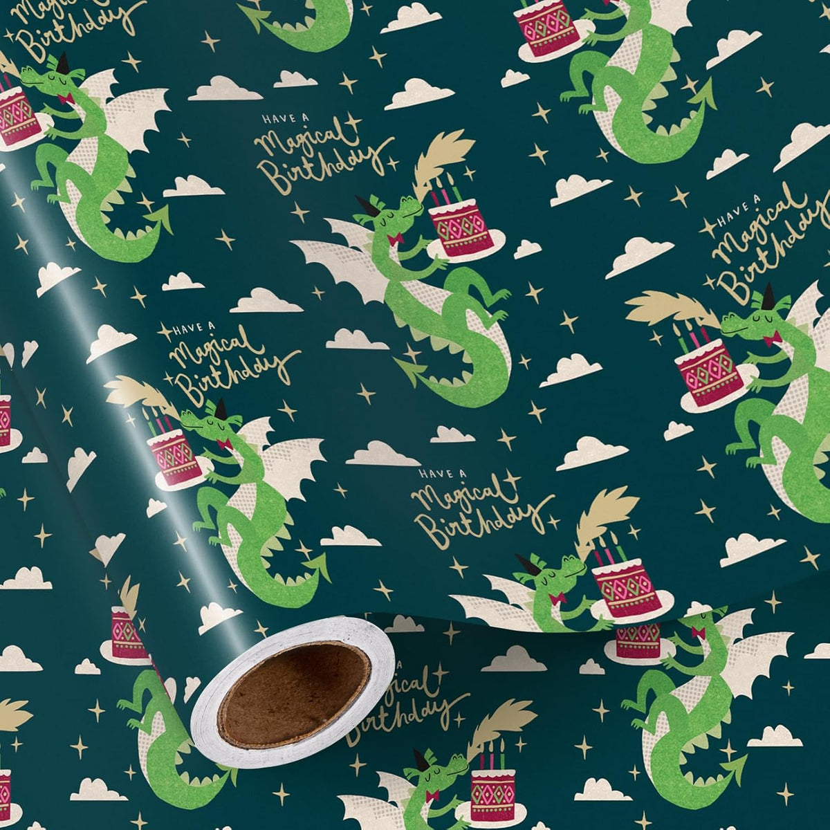 Birthday Wrapping Paper Roll For Boys Girls, Mini Roll, Magical Dragon And Cake Design With Have A Magical Birthday Text Design, Fantasy Gift Wrap For Kids Party, 17 Inches X 16.4 Feet