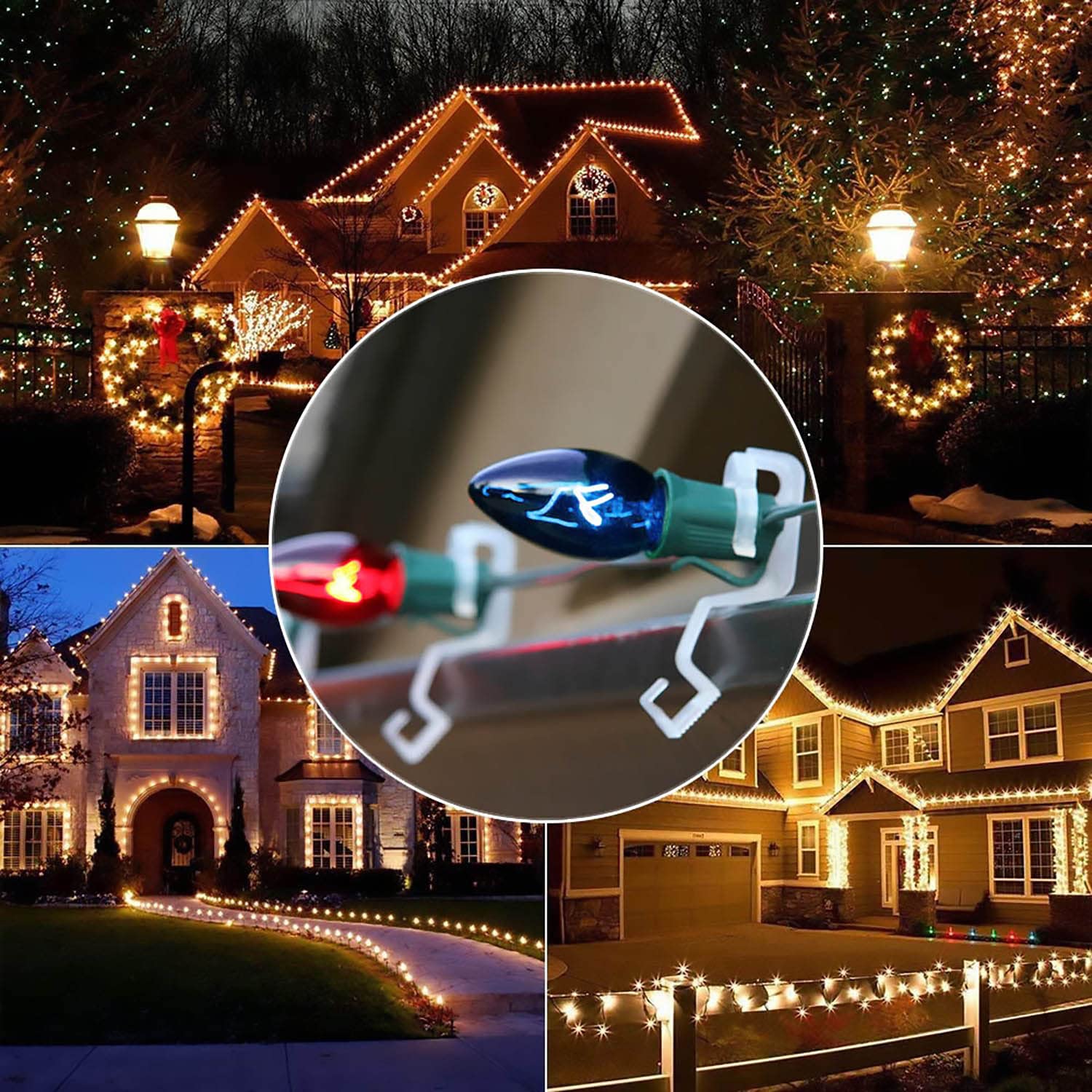 Christmas Light Clips Omni All-In-One Outdoor Gutter Shingles Clips 100 Pieces Holiday Hanger Hooks Compatible With C9 C7 For Roof, Roof Ridge Line, Fence (Transparent)