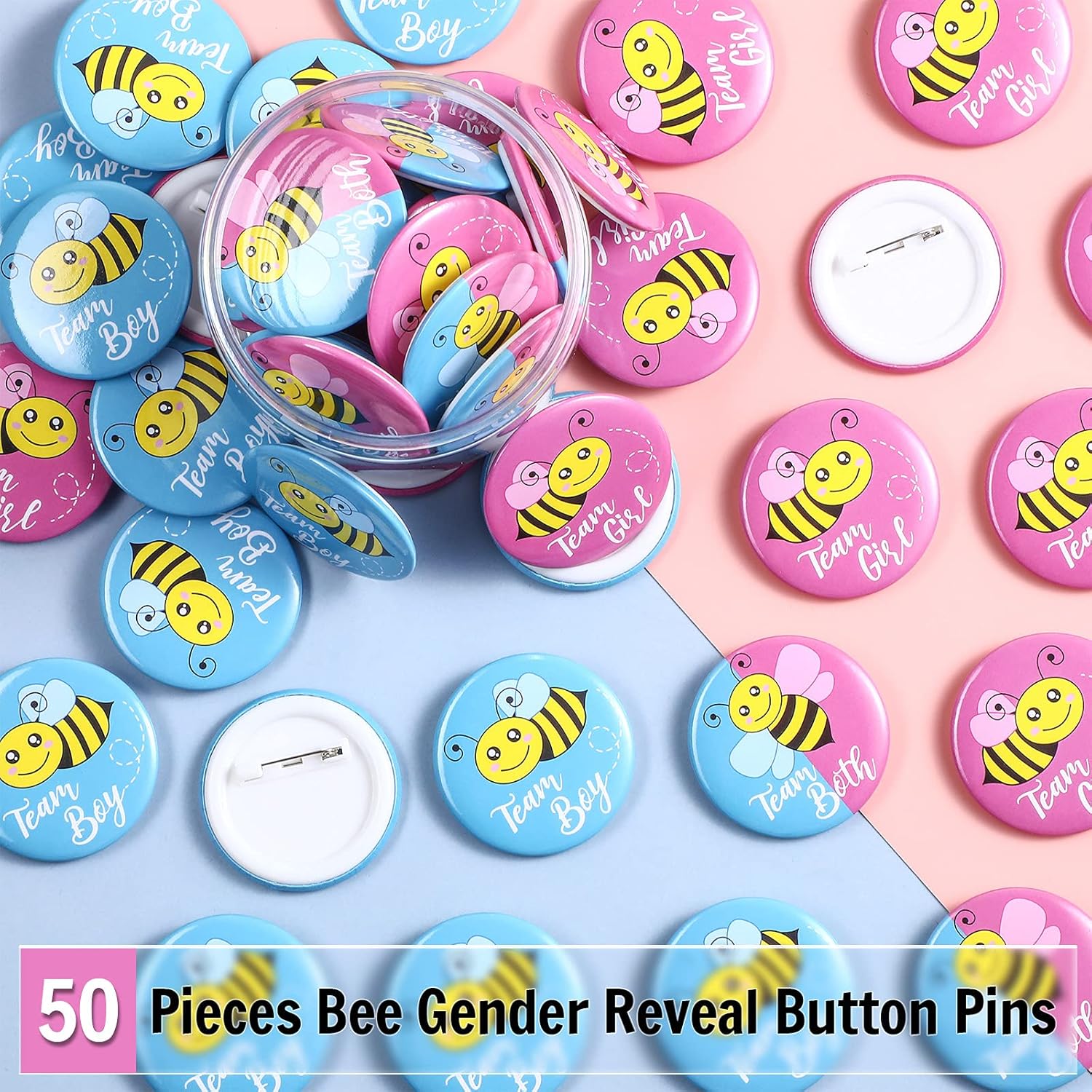50 Pieces Bee Gender Reveal Button Pins Team Boy, Girl Or Both Buttons Pins Badges Kit In Pink And Blue For Bee Theme Baby Shower Gender Reveal Party Game Supplies