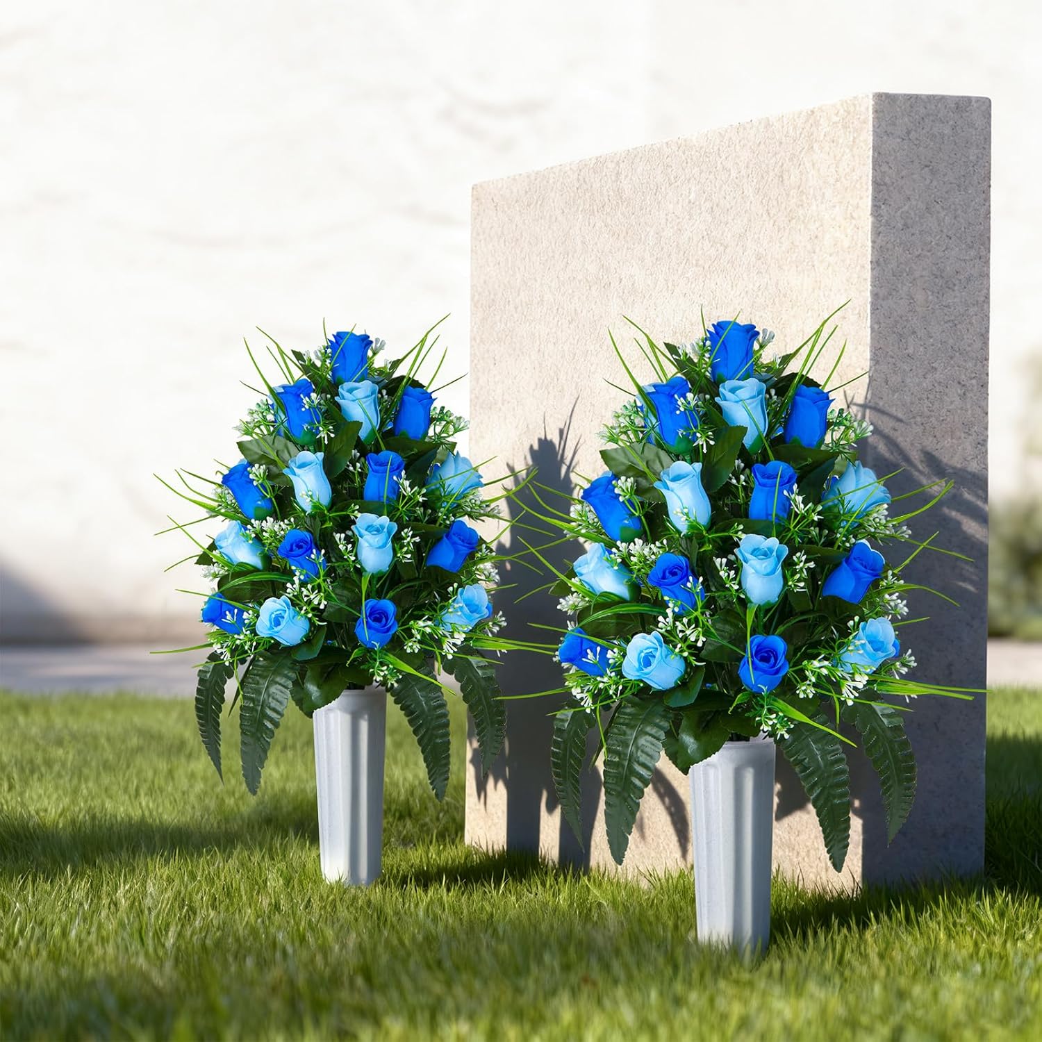 2 Sets Artificial Cemetery Flowers, Grave Decorations Roses, Memorial Flowers Bouquet With Vase For Grave Cemetery Decoration (Dark Blue&Light Blue)