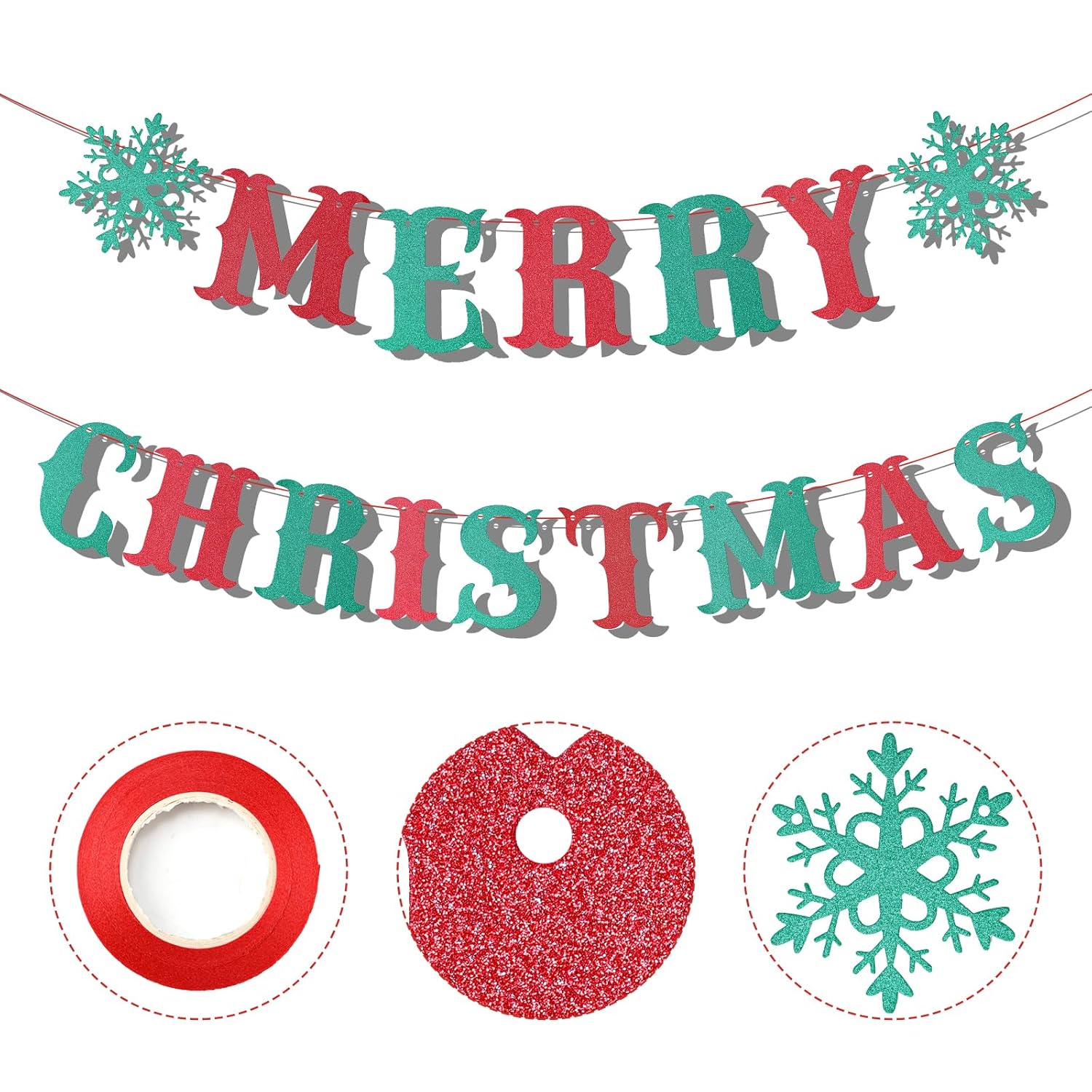 Merry Christmas Banner, Red And Green Xmas Decoration Banner Hanging Glitter Merry Christmas Garland Sign For Holiday Festival Home Indoor Party Fireplace Decor Supplies