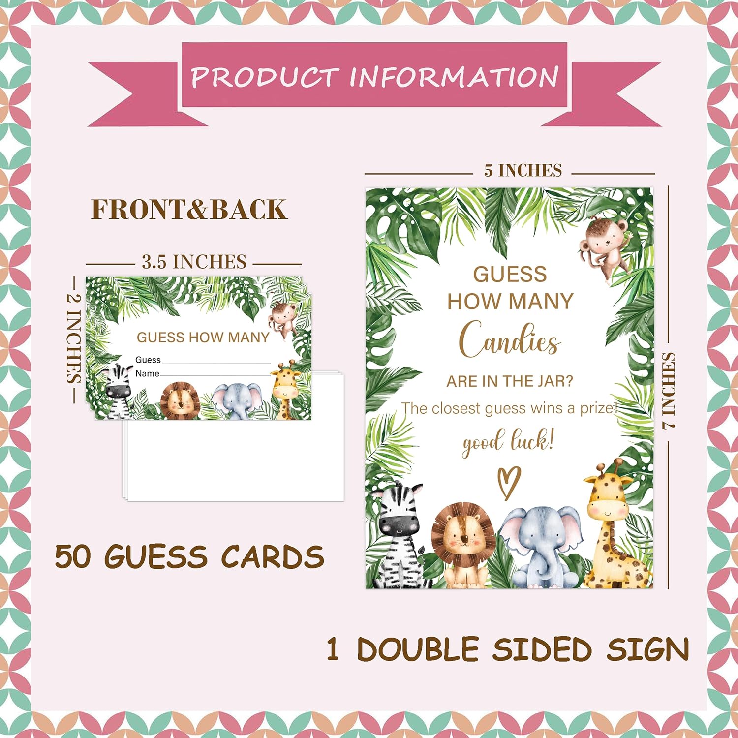 Jungle Safari Baby Shower Game, Guess How Many Candies Are In The Jar, Pack Of 1 Sign And 50 Guessing Cards, Baby Shower Decoration, Gender Neutral - 03