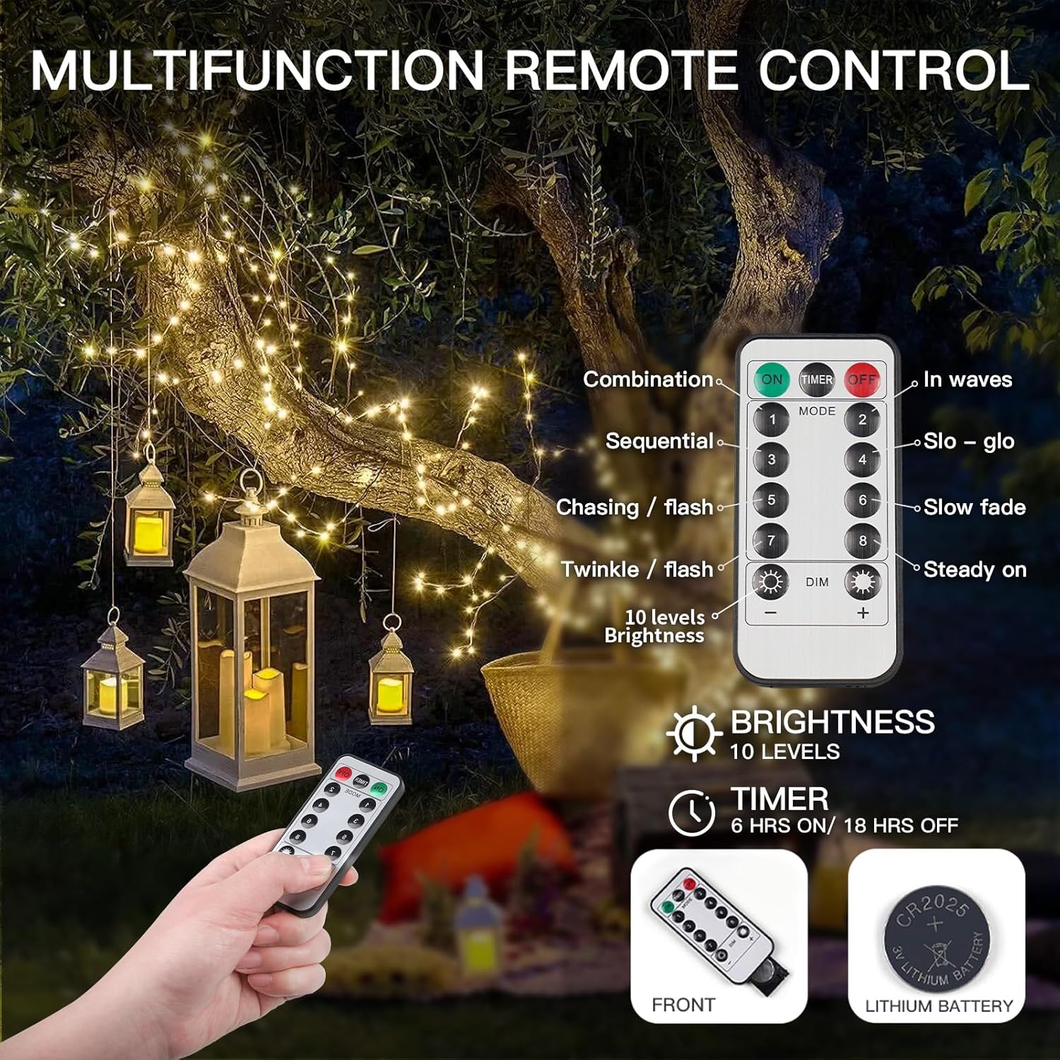 66Ft 200 Led Outdoor String Lights, Warm White Christmas Fairy Light Battery Operated With Remote, Led Twinkle Lights Fo