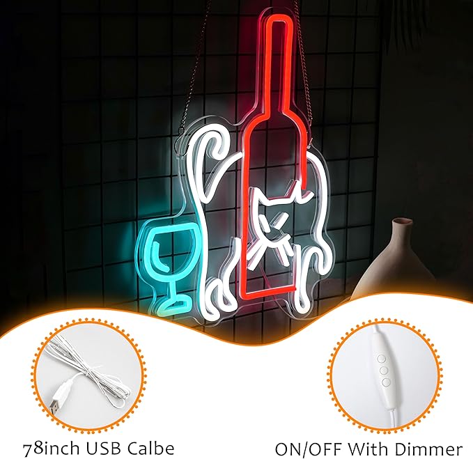 Cat Beer Neon Sign USB Dimmable LED Wall Light with Wine Glass for Home Bar Man Cave Decor