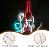Cat Beer Neon Sign USB Dimmable LED Wall Light with Wine Glass for Home Bar Man Cave Decor