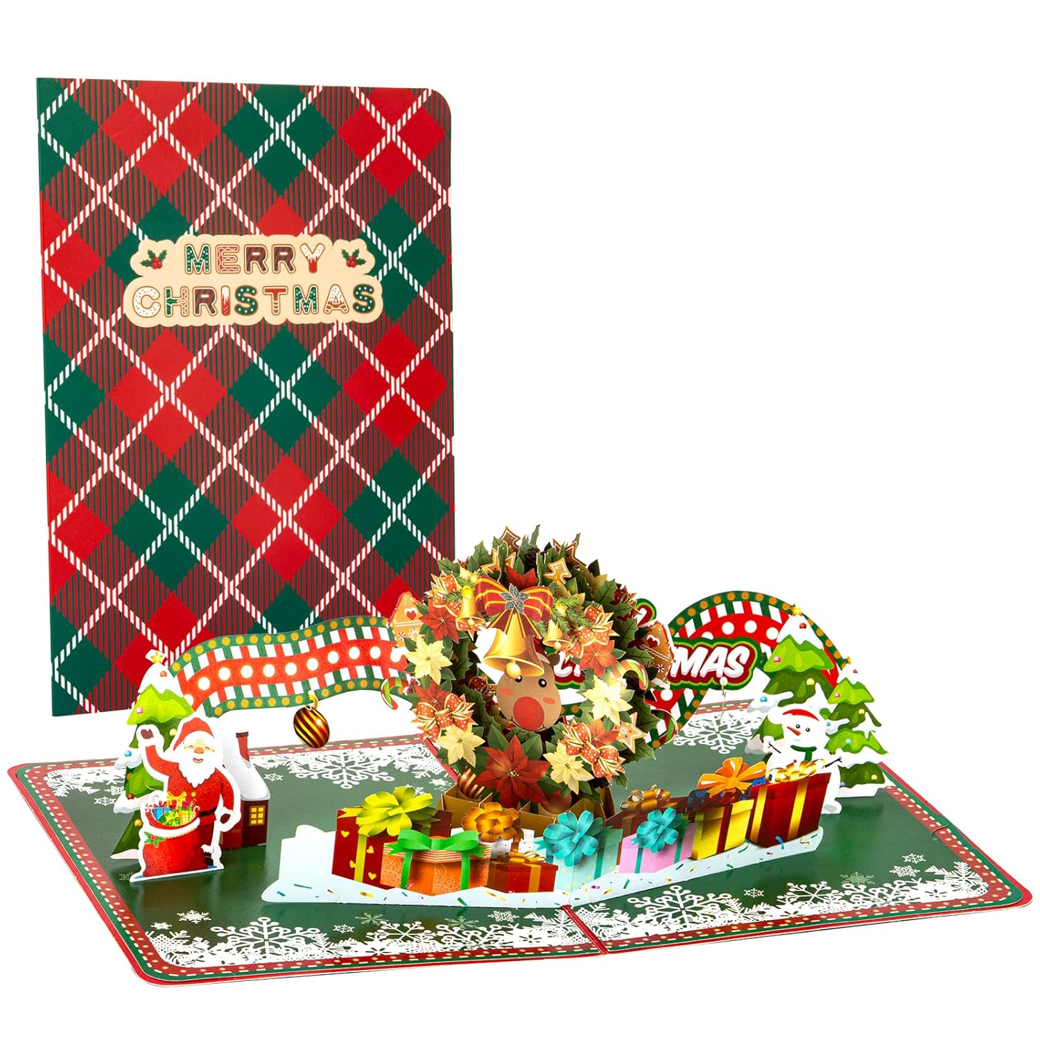 Christmas Wreath Pop Up Card, 3D Handmade Reindeer Santa Tree Greeting Card With Envelopes, Christmas Gifts For Kids Friends Family Teachers Neighbors Coworker Merry Christmas Winter Xmas Gift
