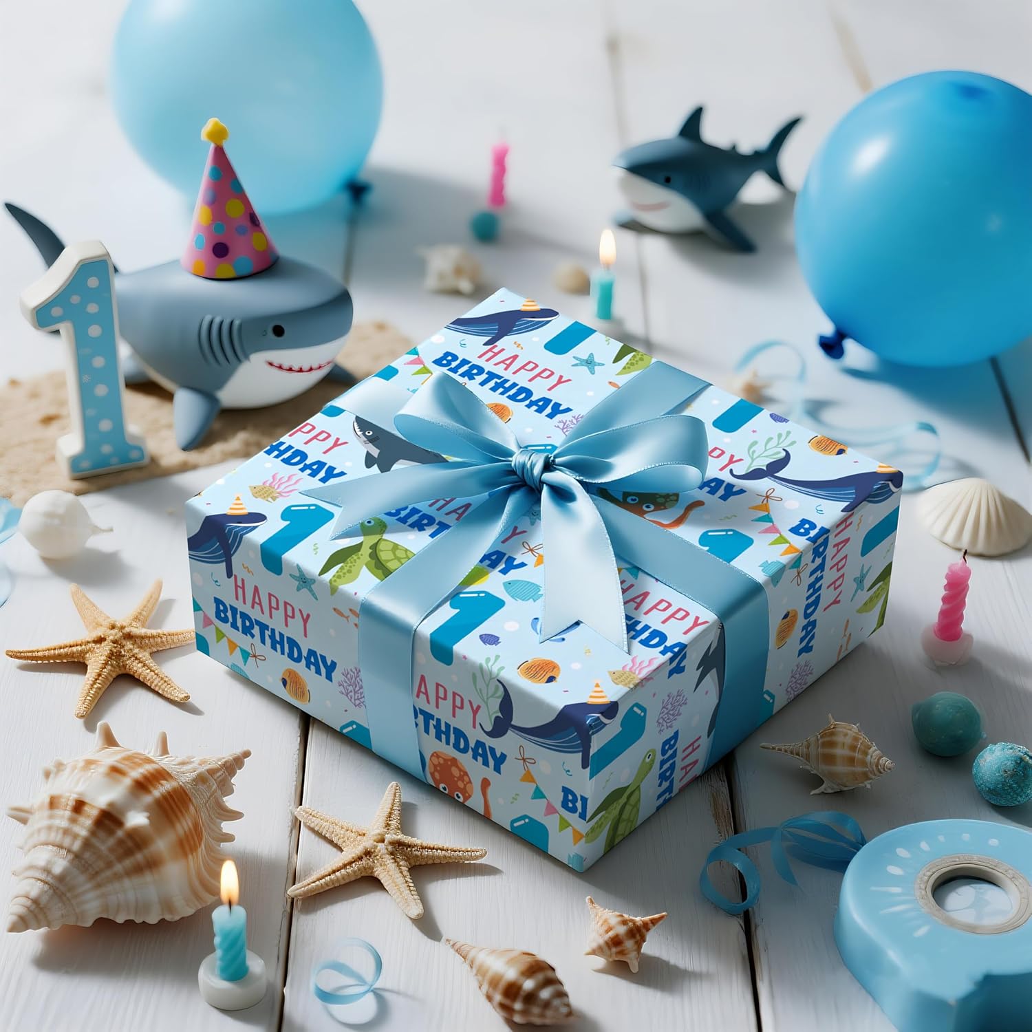 1St Birthday Wrapping Paper Roll For Baby Boys, Sea Animals Age1 Ocean Shark Turtle Seaweed Design Gift Wrap For Toddlers, First Birthday Party, Mini Roll 17 In X 16.4 Feet