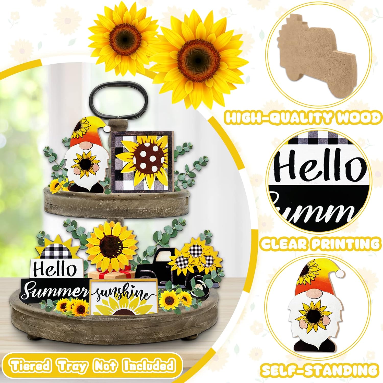 Summer Tiered Tray Decor, Farmhouse Sunflower Tray Decorations, Hello Spring Summer Sunflower Gnome Sunshine Truck Wooden Signs, Buffalo Plaid Rustic Home Decor For Table Mantel Office Party