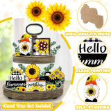 Summer Tiered Tray Decor, Farmhouse Sunflower Tray Decorations, Hello Spring Summer Sunflower Gnome Sunshine Truck Wooden Signs, Buffalo Plaid Rustic Home Decor For Table Mantel Office Party
