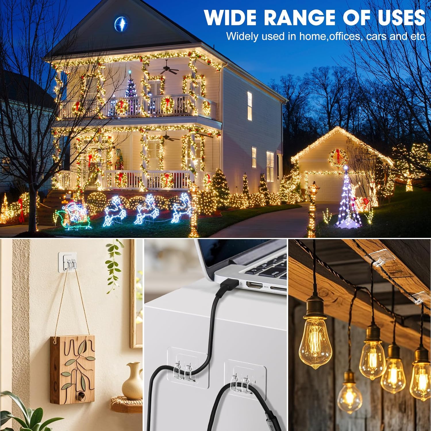 Hooks For Outdoor String Lights-100Pcs Heavy Duty Hooks With Adhesive Strips?No Holes, No Tools, No Drill Light Clips, Perfect For Christmas And Patio Decor.- Outdoors Sticky Clip