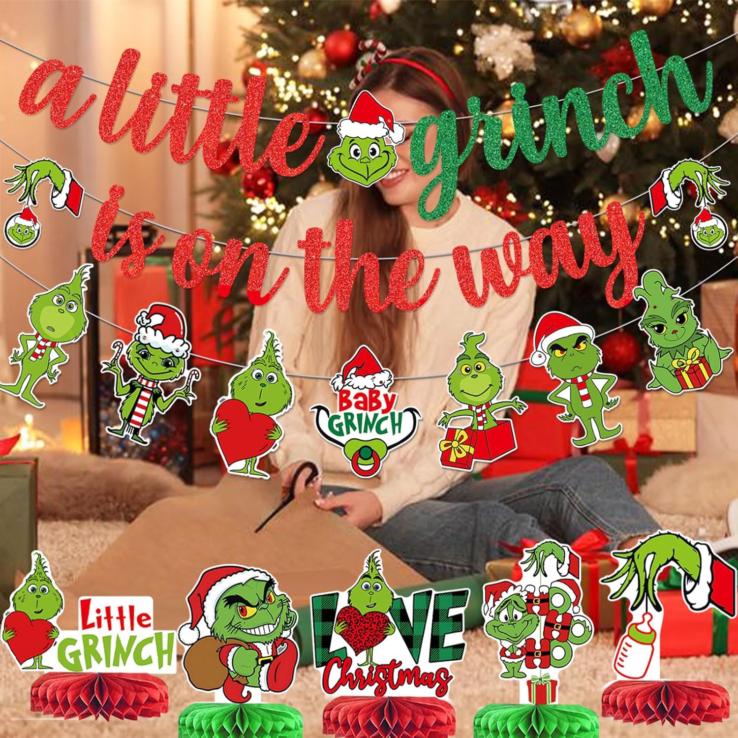 Green Monster Christmas Baby Shower Decorations With Banner Centerpieces Garland For Whoville Gender Reveal Party Supplies