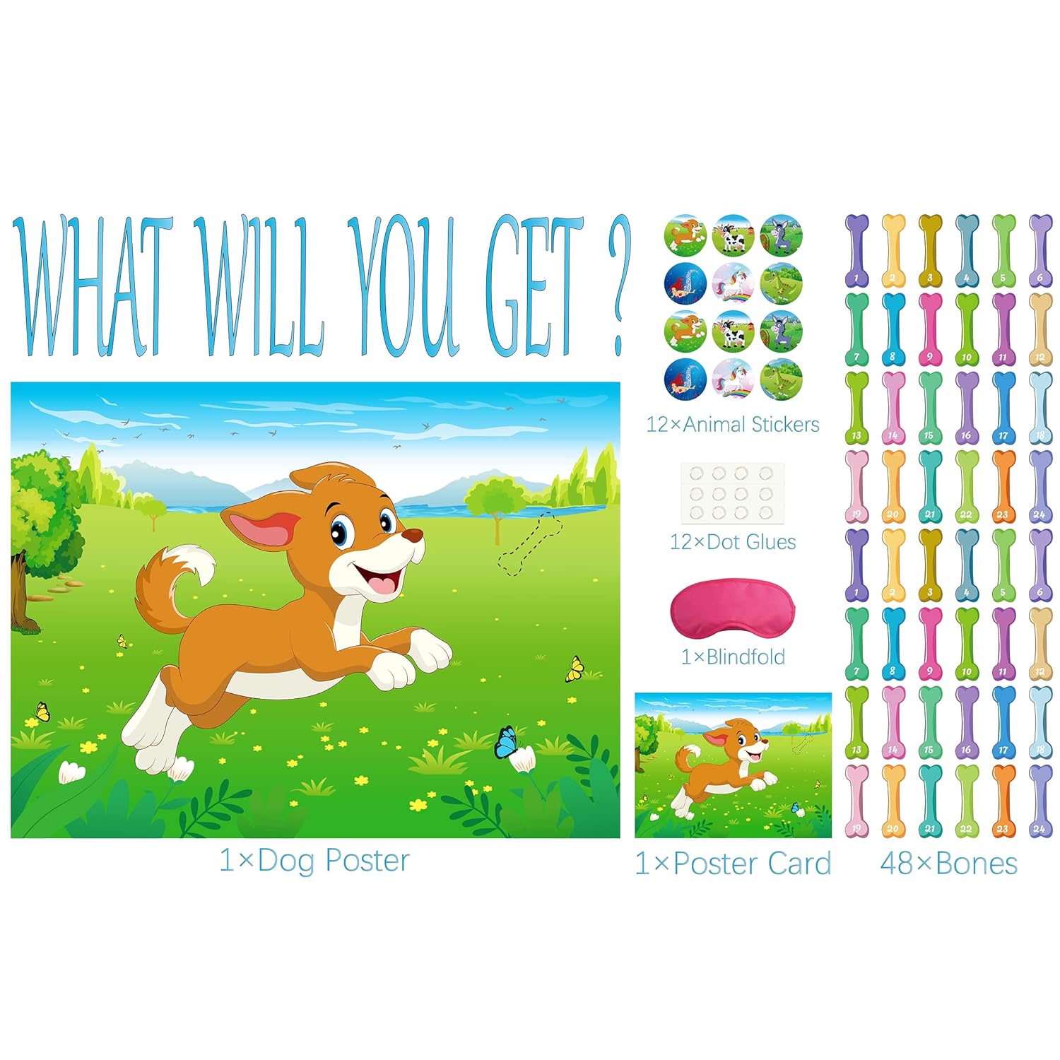 Pin The Tail On The Dog Birthday Party Game With 48Pcs Bones, Give The Puppy A Bone Game For Kids' Dog Birthday Party Supplies