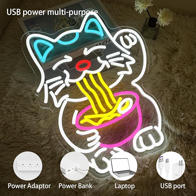 Fortune Cat Ramen Neon Sign Dimmable Lucky Cat LED Wall Decor for Restaurant Kitchen Pub