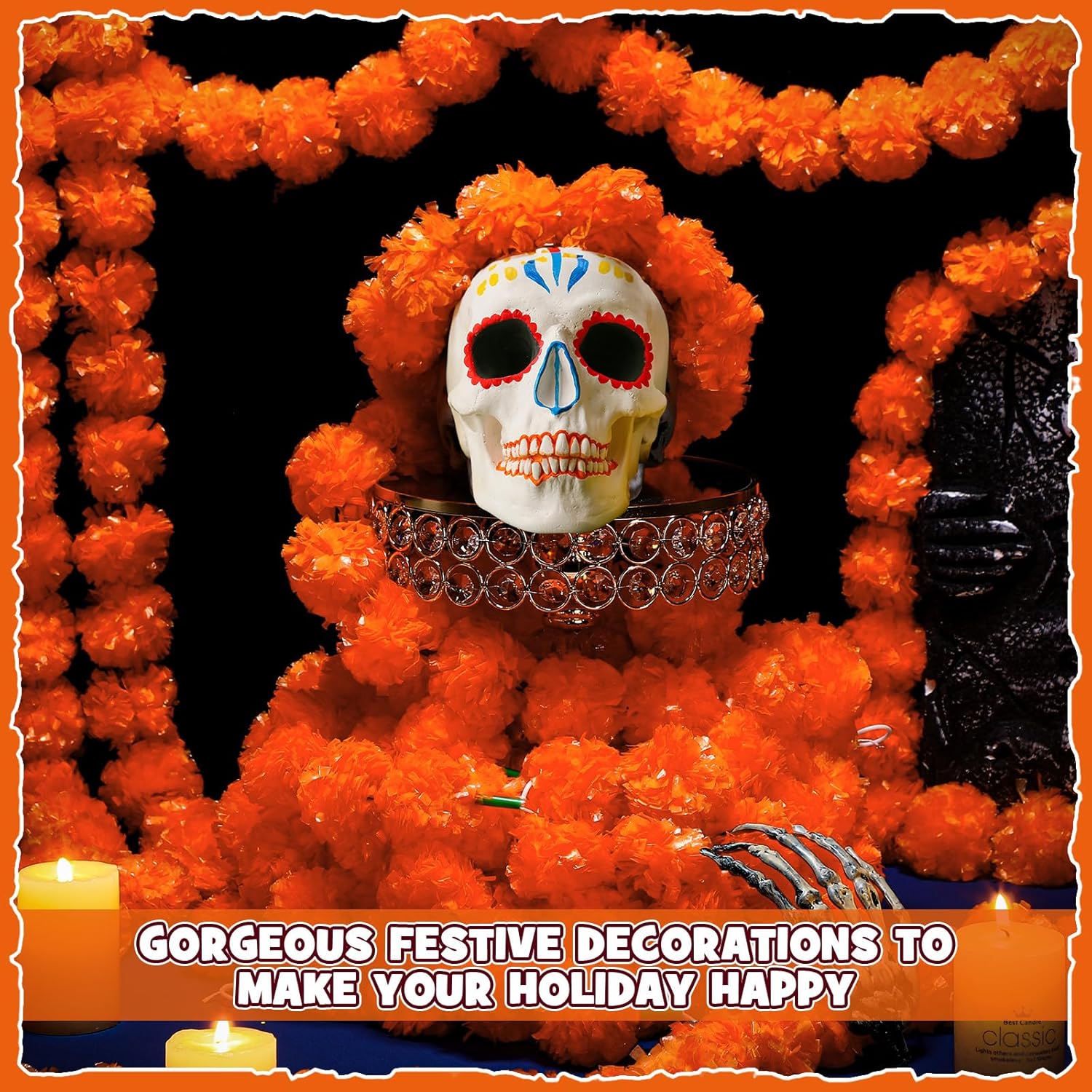 5 Pcs 5 Ft Marigold Garland Diwali Decoration Day Of The Dead Artificial Marigold Flowers Garland For Wedding Dia De Los Muertos Wedding Decoration(Orange)
