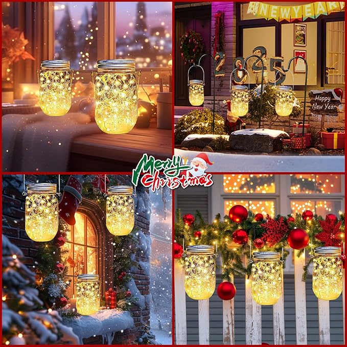12 Pack Solar Mason Jar Lid Lights 30 LED Firefly Fairy String Lights with Hangers