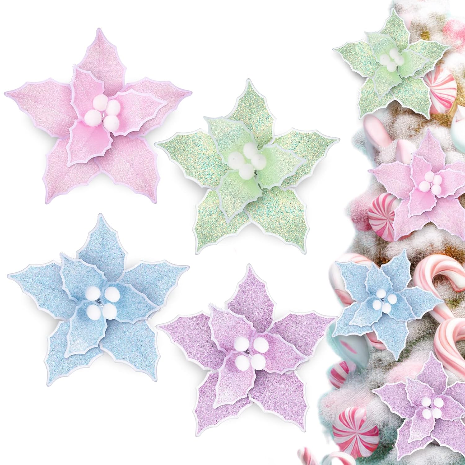 20 Pcs Christmas Pastel Poinsettia Artificial Flowers 6 Inch Candyland Xmas Tree Ornaments Decorations For Christmas New Year Wedding Party Wreath Garland Crafts Decor