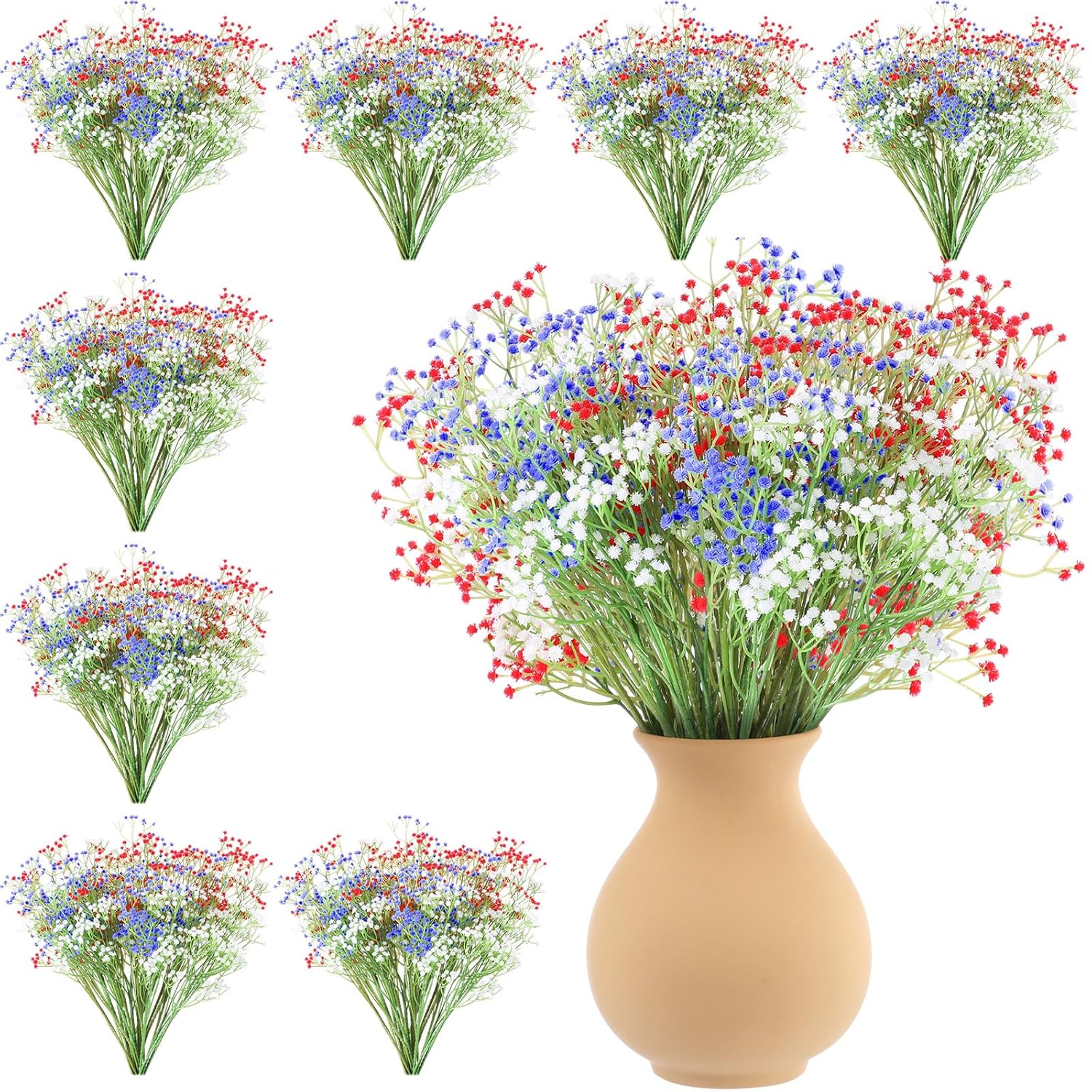 24 Pcs Patriotic Red Blue White Artificial Flower Babies Breath Fake Floral Arrangement For Independence Day Party Home Decor 4Th Of July Veterans Memorial Day Indoor Table Centerpiece
