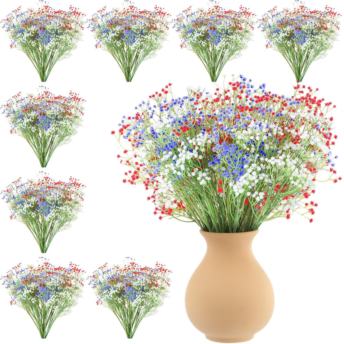 24 Pcs Patriotic Red Blue White Artificial Flower Babies Breath Fake Floral Arrangement For Independence Day Party Home Decor 4Th Of July Veterans Memorial Day Indoor Table Centerpiece