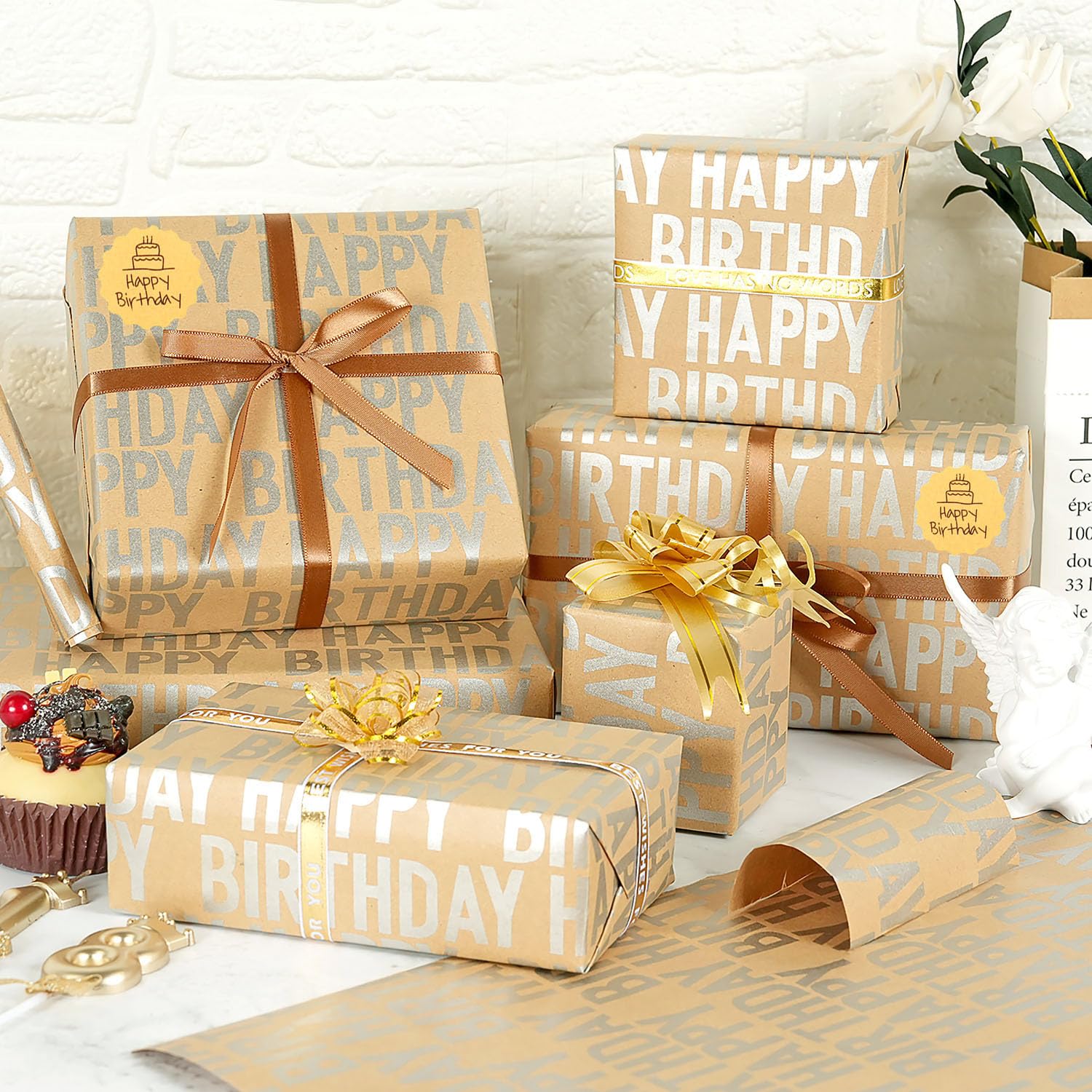 Birthday Wrapping Paper Roll, Silver And Brown Kraft Happy Birthday Wrapping Paper Jumbo Roll For Boys Girls Women Men, 17X590 Inch (70 Sq. Ft.)