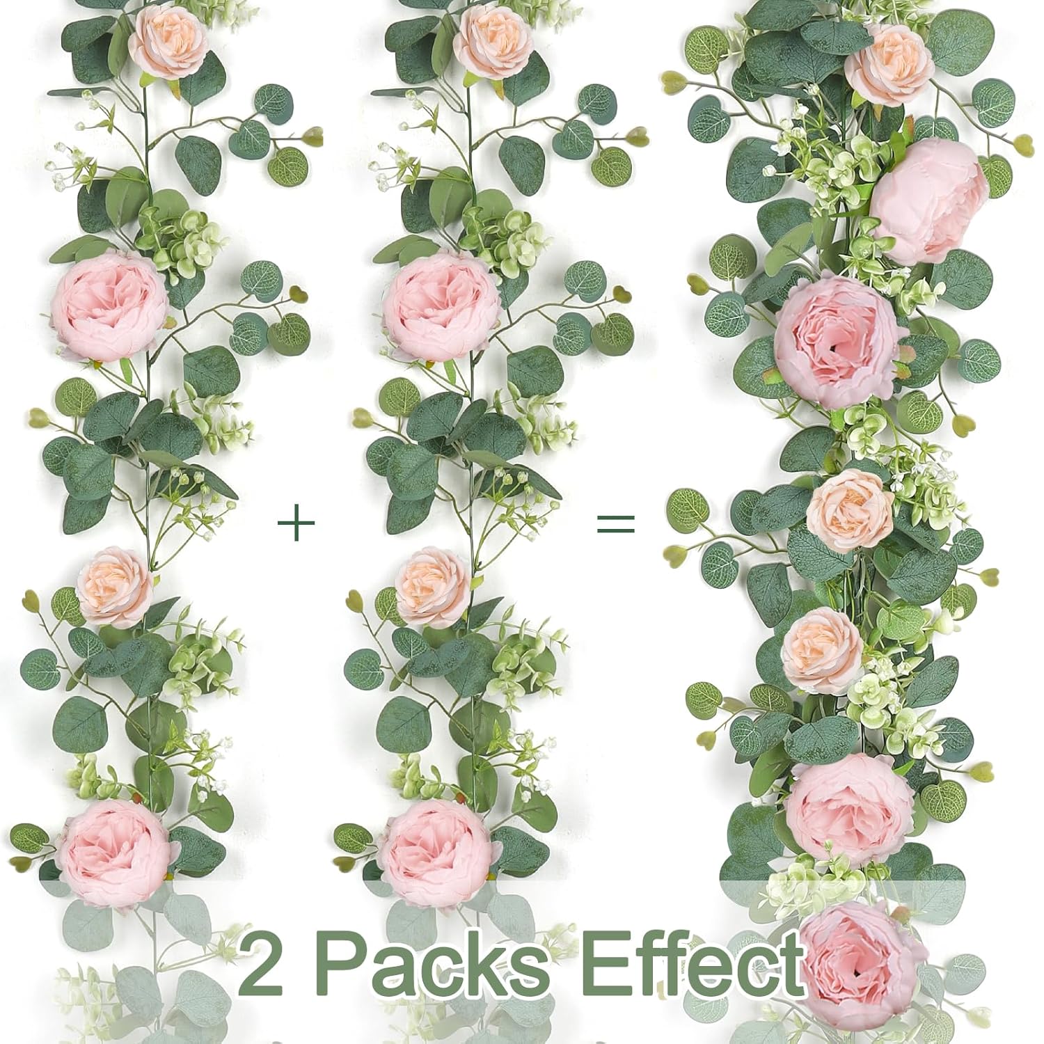 2 Pack 13Ft Flower Garland, Artificial Rose Vine Fake Flower Garland Silk Rose Peony Hanging Vine Faux Floral Garlands For Wedding Party Arch Table Wall Backdrop Decoration (Light Pink, 2Pcs)