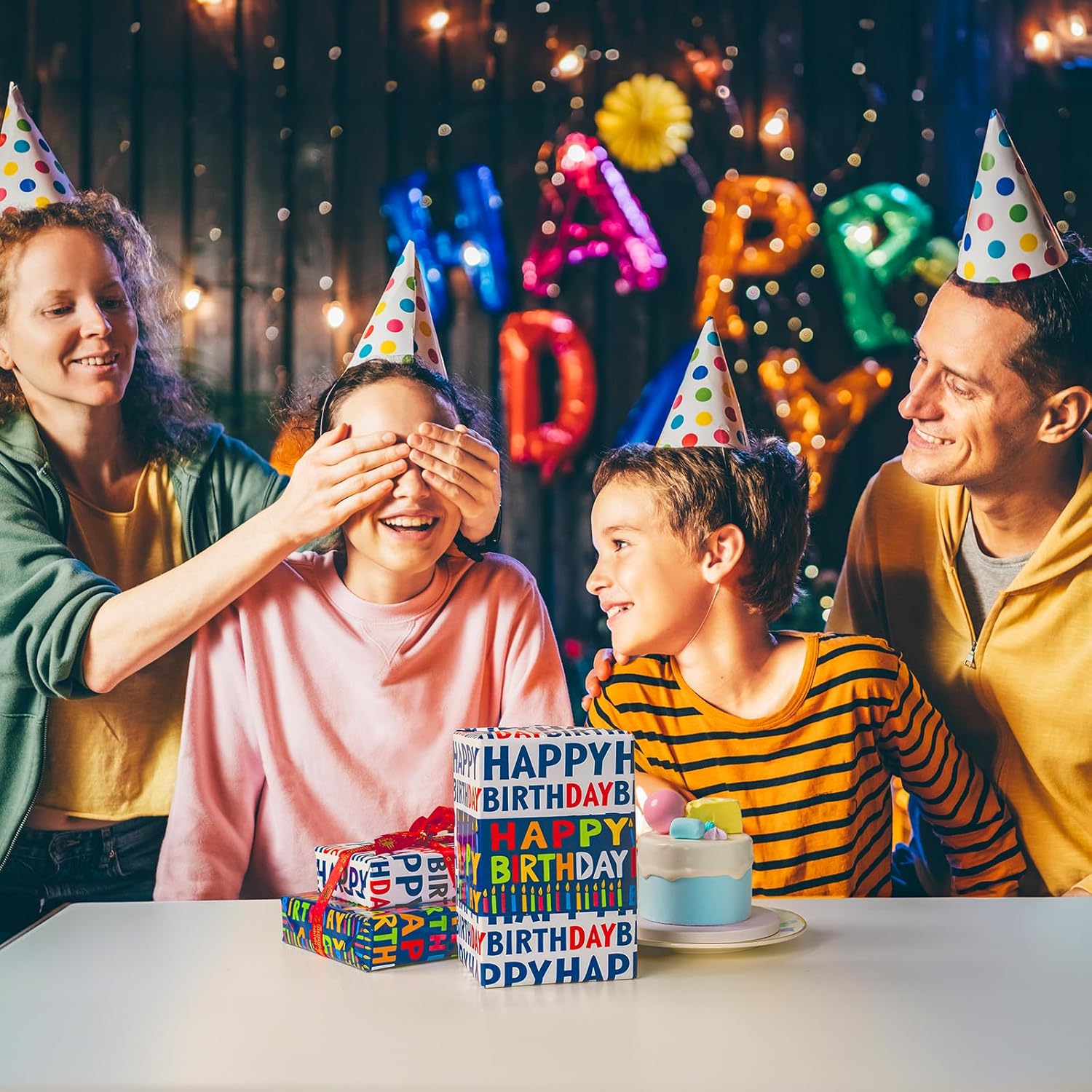 Reversible Birthday Wrapping Paper Roll - 17 Inch X 33 Ft(46.8 Sq.Ft.Ttl) - Creative Colorful Happy Birthday Lettering & Candle Navy Blue Gift Wrap For Party, Baby Shower & Holiday