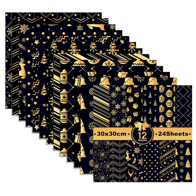 12 Designs Double-Sided Golden Christmas Pattern Scrapbook Paper 24 Sheet Snow