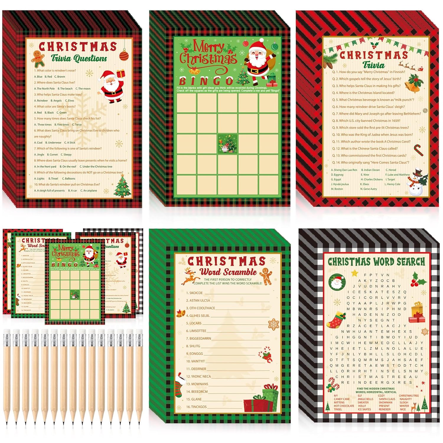 149 Pcs Christmas Party Games For Adults 25 Players Winter Word Search Scramble Trivia Bingo Game Paper Cards For Xmas Holiday Family Large Group Activities Party Supplies(Santa)