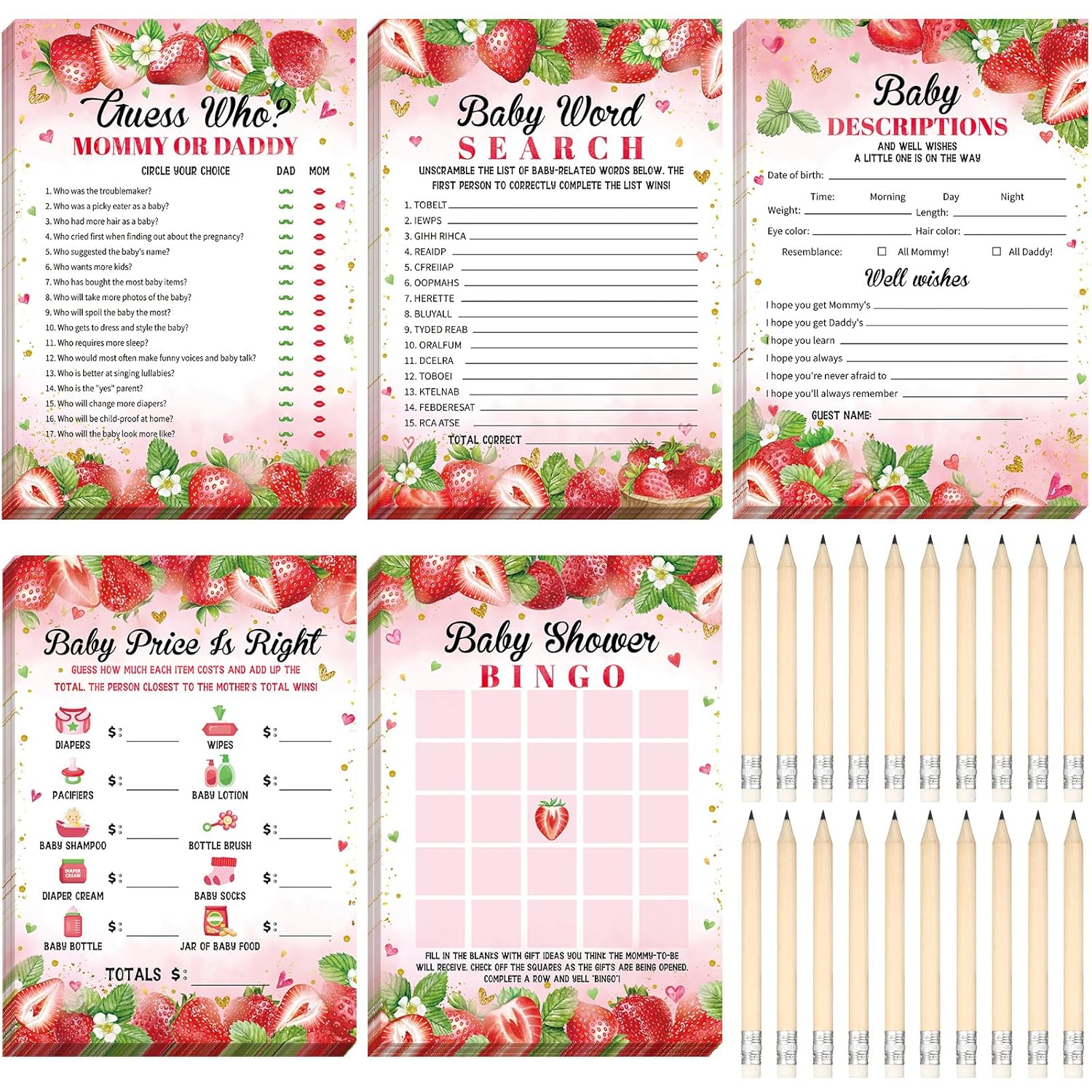 145 Pcs Baby Shower Games Activities Cards With 20 Pencils Includes Baby Bingo Description And Wishes Guess Who Price Is Right Word Scramble Game(Strawberry)