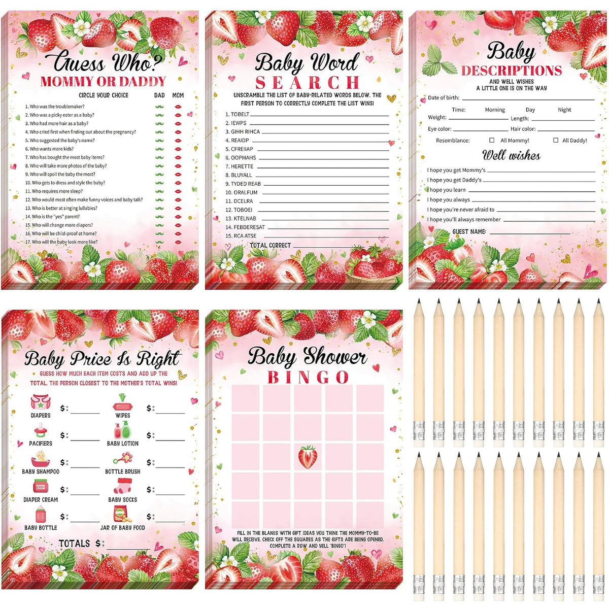 145 Pcs Baby Shower Games Activities Cards With 20 Pencils Includes Baby Bingo Description And Wishes Guess Who Price Is Right Word Scramble Game(Strawberry)