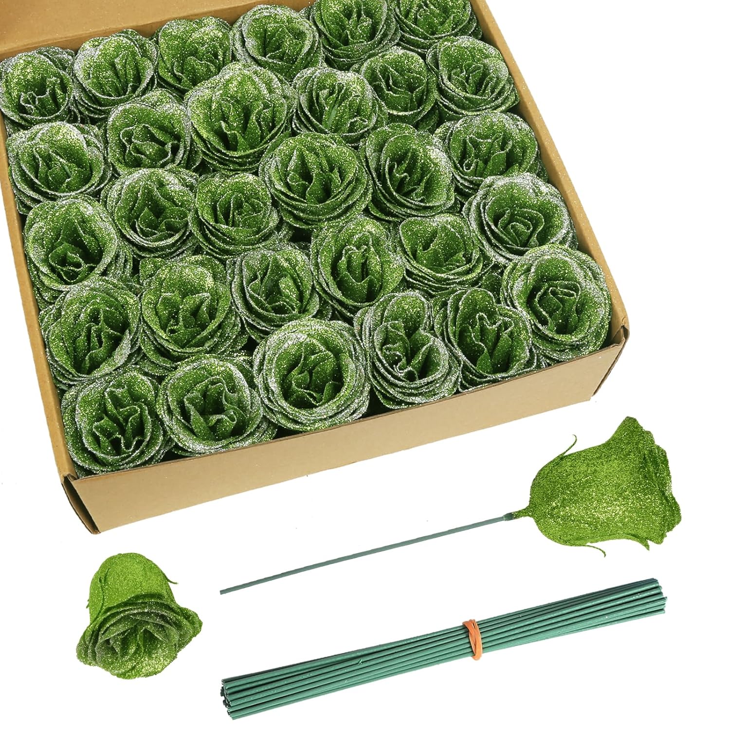 Artificial Roses With Stems,30Pcs Green Glitter Roses Silk Roses Artificial Flowers For Crafts Wedding Bouquet Home Decoration(Green)